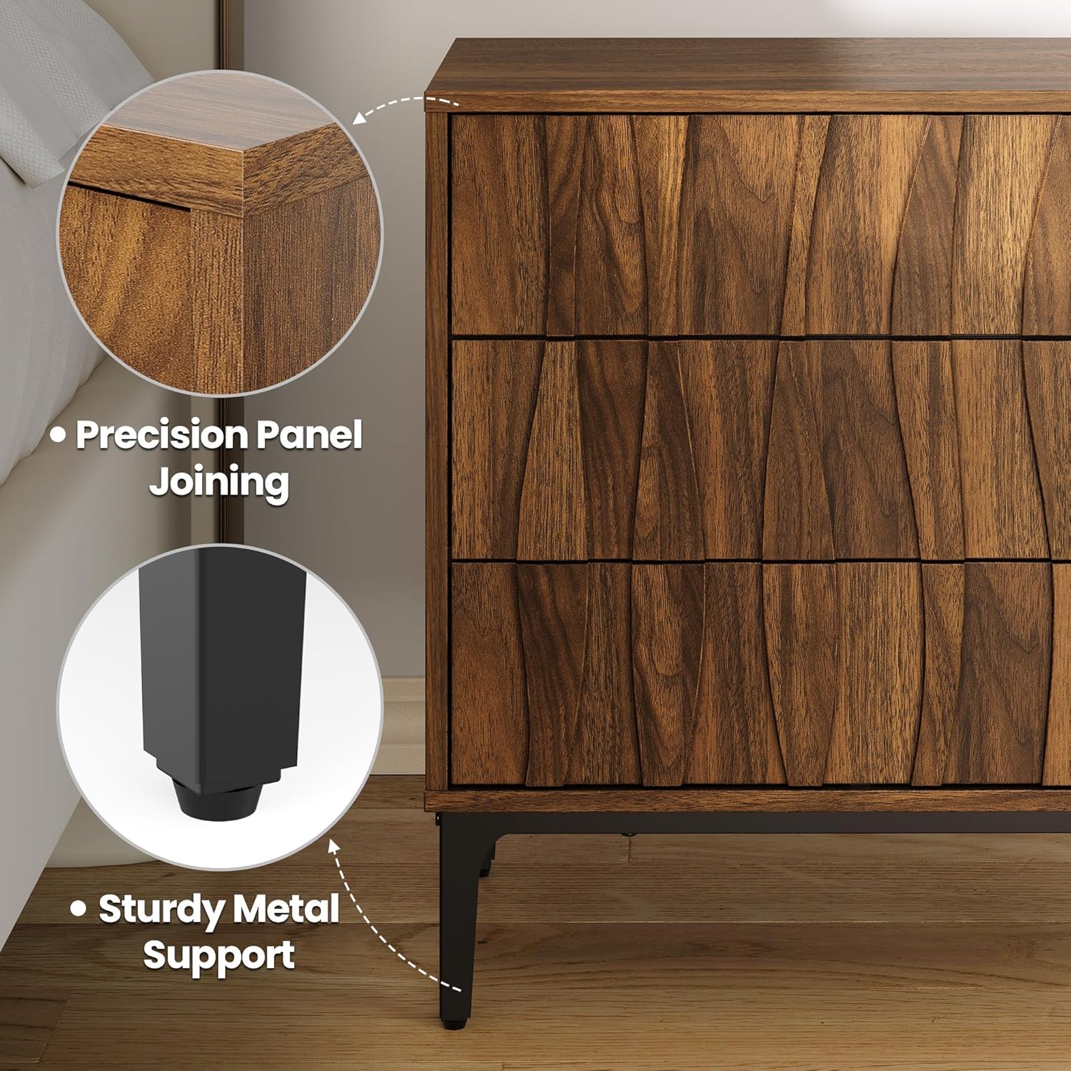 Mid-Century Modern Walnut Nightstand, 26" Tall 3 Drawer Bedside Table with Push-to-Open Handle-Free Design, 3D Wave Front & Metal Legs for Bedroom or Living Room