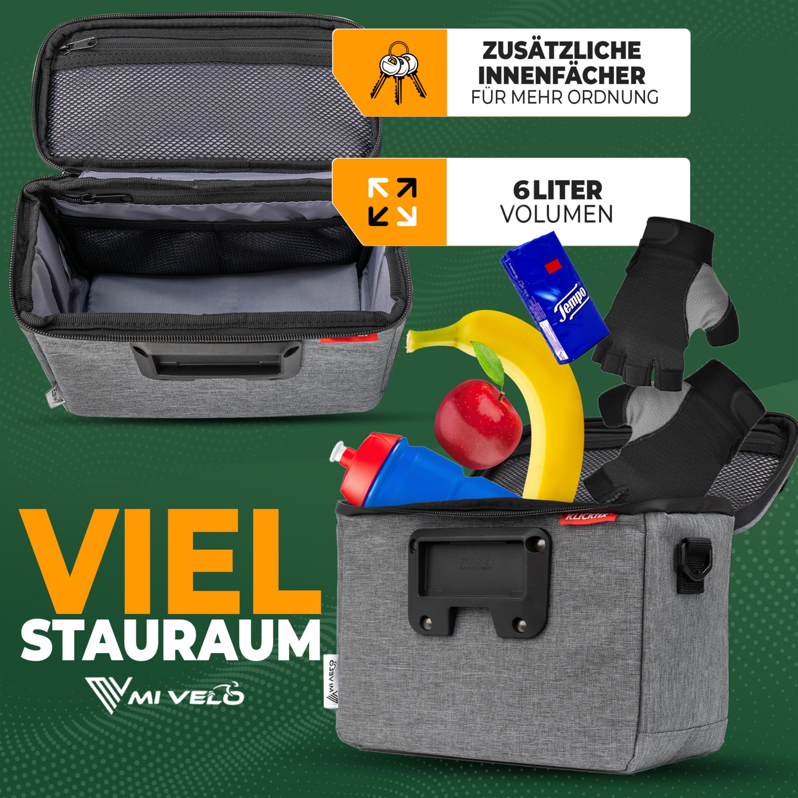MIVELO Lenkertasche Fahrrad - Fahrradtasche Lenker - wasserabweisend & geräumig - Lenkertasche - Tasche Lenker - E-Bike tauglich - mit Handyfach (Grau, ohne Adapter)