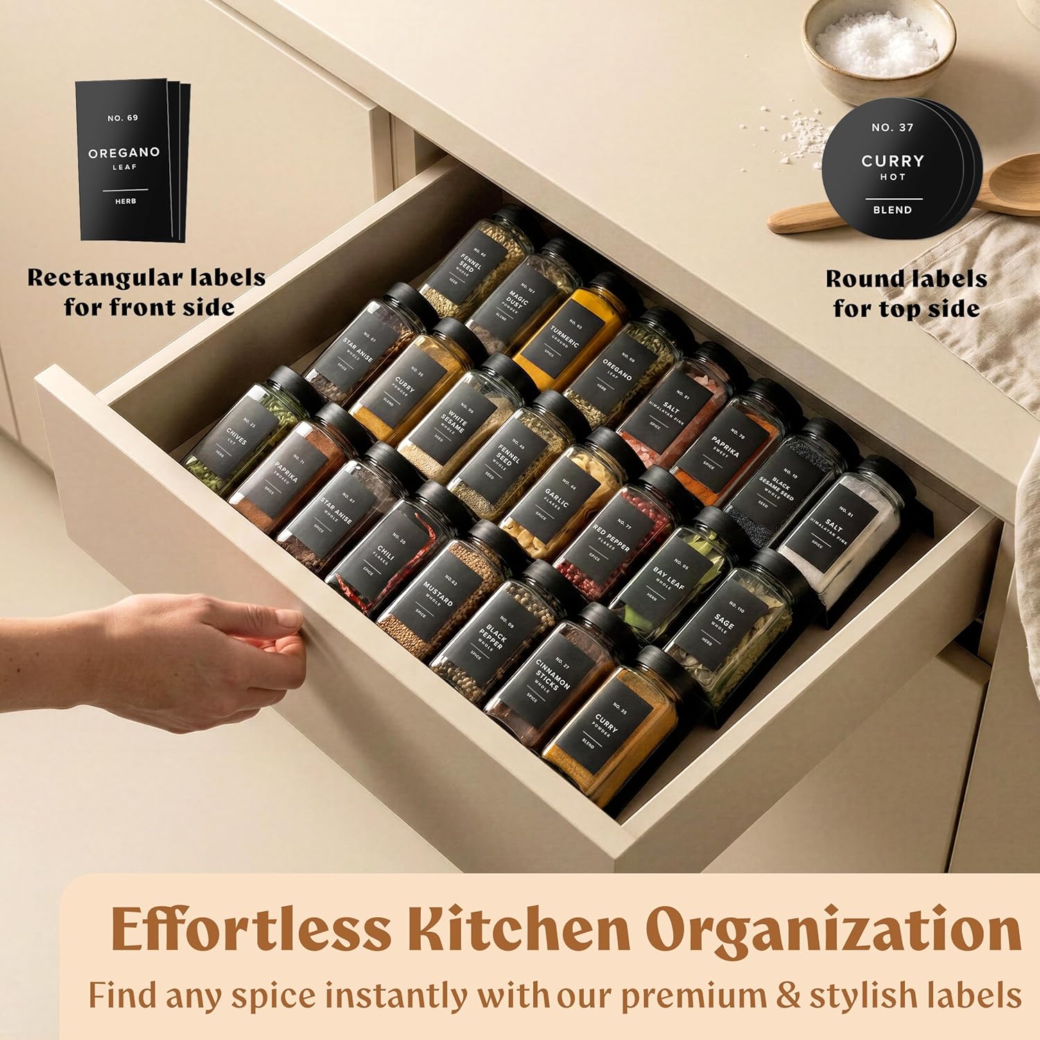 Glass Spice Jars with Labels (24 x 4oz) Spice Containers with 240 Labels, Shaker Inserts, Funnel, Empty Square Empty Square Seasoning Organizer (Black Lids)