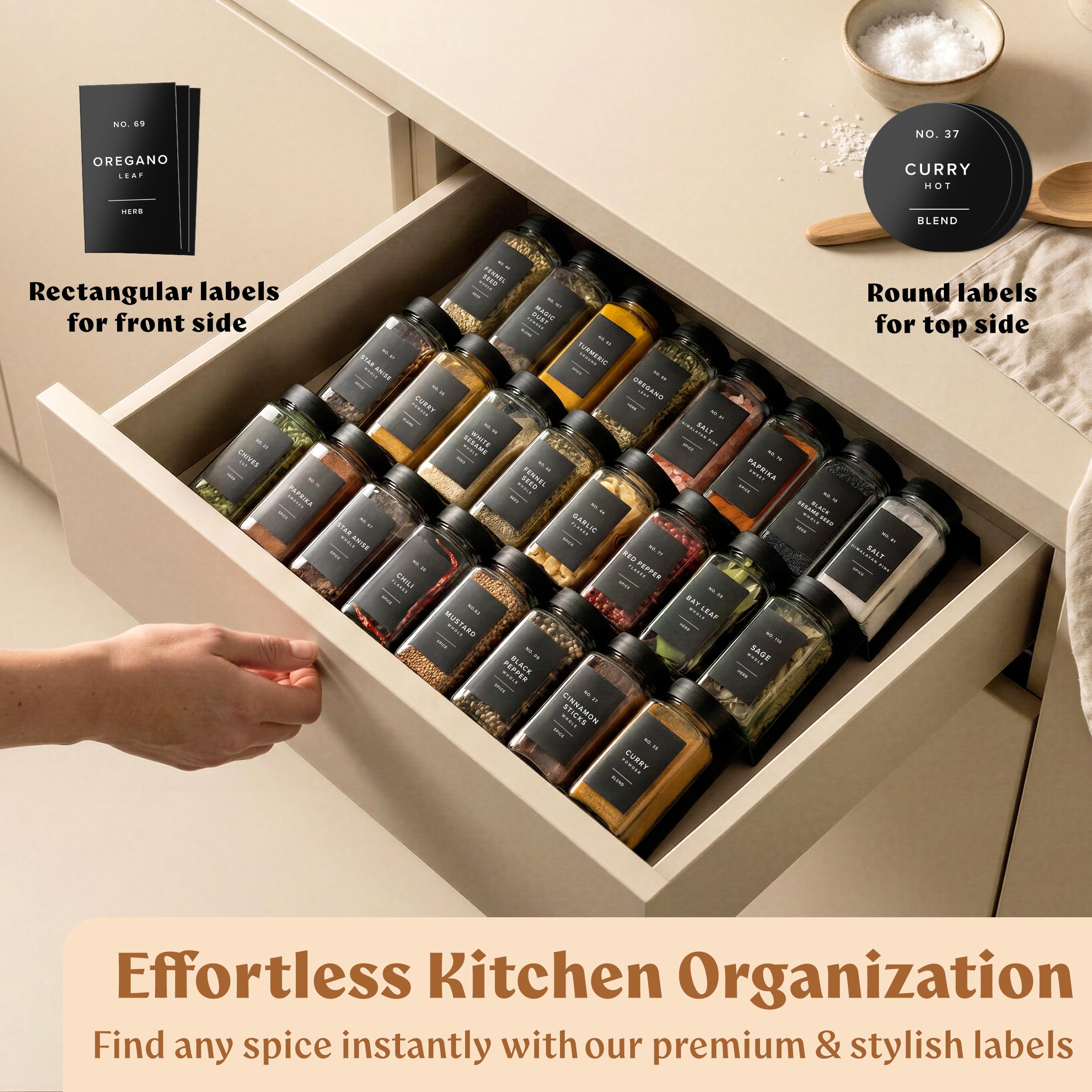EDELHAUS Szklane słoiki na przyprawy z etykietami (24 x 10 ml) Pojemniki na przyprawy z 240 etykietami, wkładki do shakera, lejek, pusty kwadratowy organizer do przypraw (czarne pokrywki)