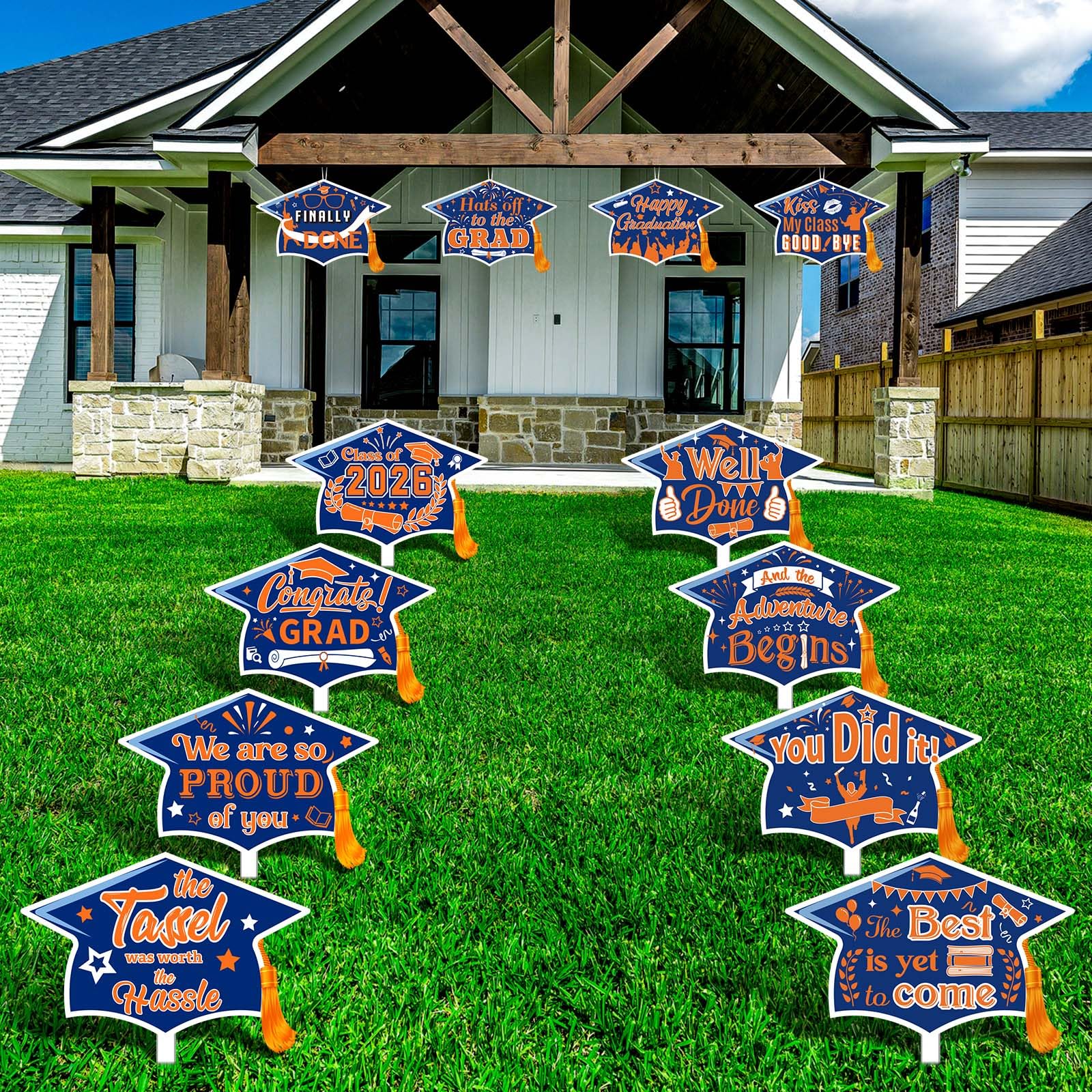 Photo 1 of [PARTIAL SET] Chunful 12 Pack Graduation Yard Signs Grad Decoration 2026 Happy Graduate Lawn Garden Sign with Stake Congrats Outdoor Plastic Cap Hanging Ornament for Class Pathway Walkway Porch Party(Blue Orange)