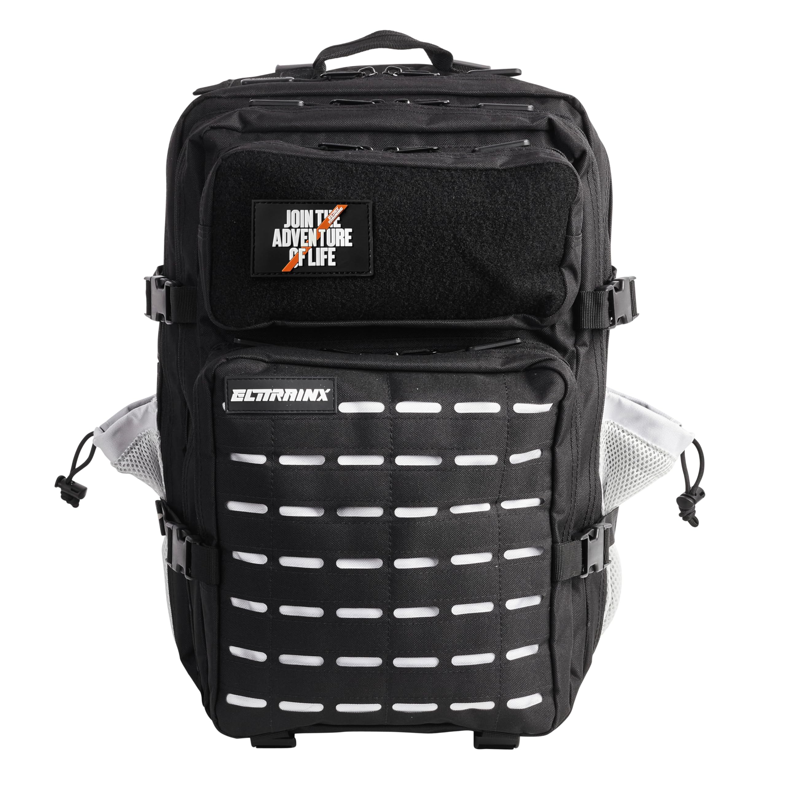 ELITRAINX Mochila Táctica 45L V2 Repelente al Agua – Oxford 1000D, Cabina Avión y Viaje, Gimnasio y CrossTraining, Compartimento Portátil y Zapatillas, Cremallera Impermeable (Negro Blanco 2.0)