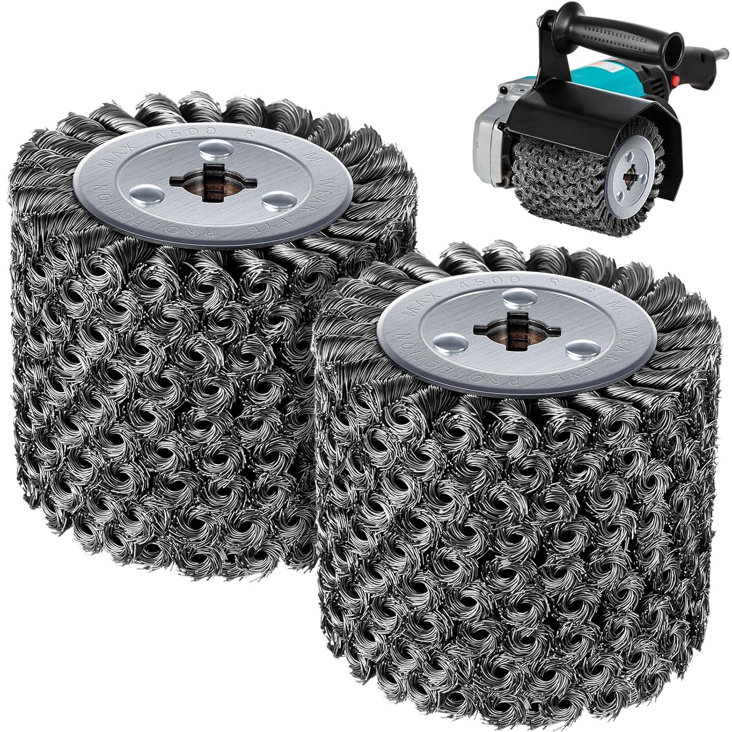 Teenyyou 2 Pack 4.7 x 4 Twisted Steel Wire Wheel Multi Surface Texturing, 0.02 Wire Brush Drum Surface Conditioning Tool for Metal Removing Rust Wood Grain Restoration 3/4 Quad Keyway