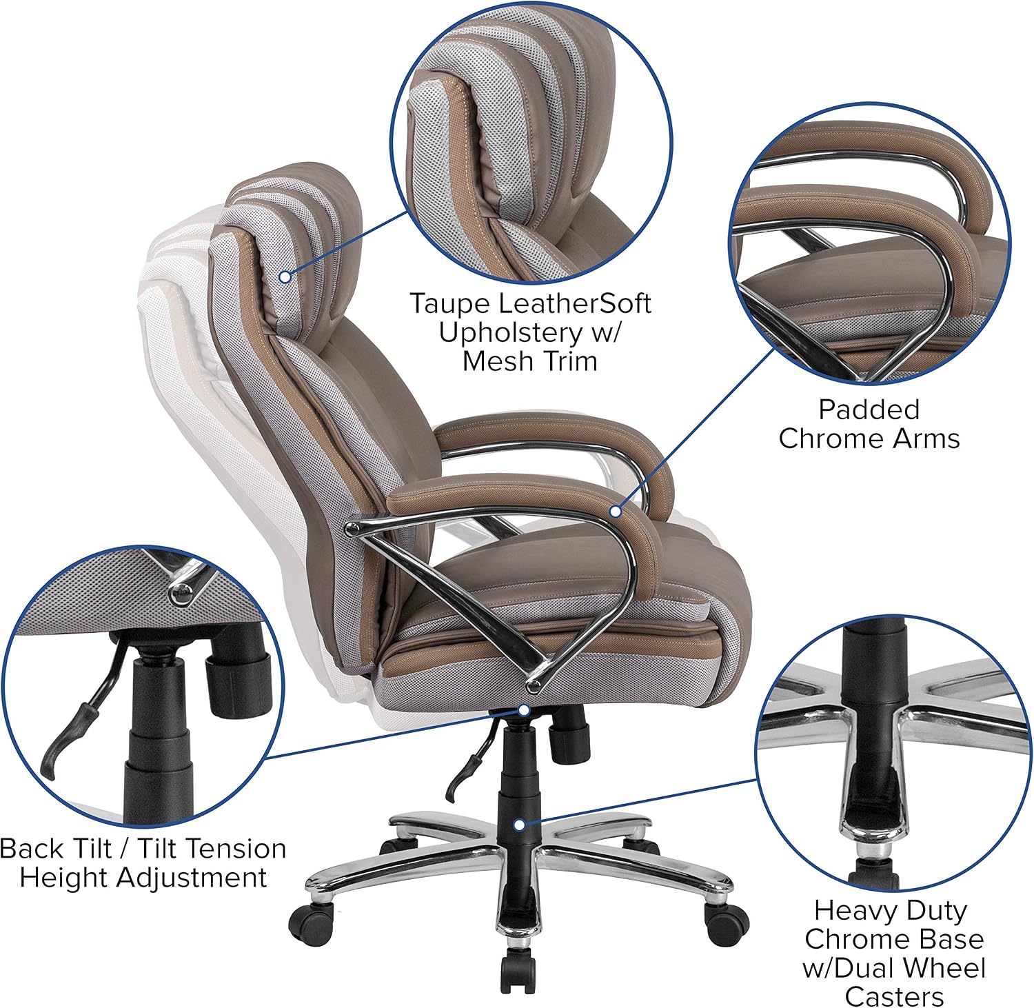 EMMA + OLIVER Hercules Series Big & Tall 500 lb. Rated Taupe LeatherSoft Executive Swivel Ergonomic Office Chair with Extra Wide Seat