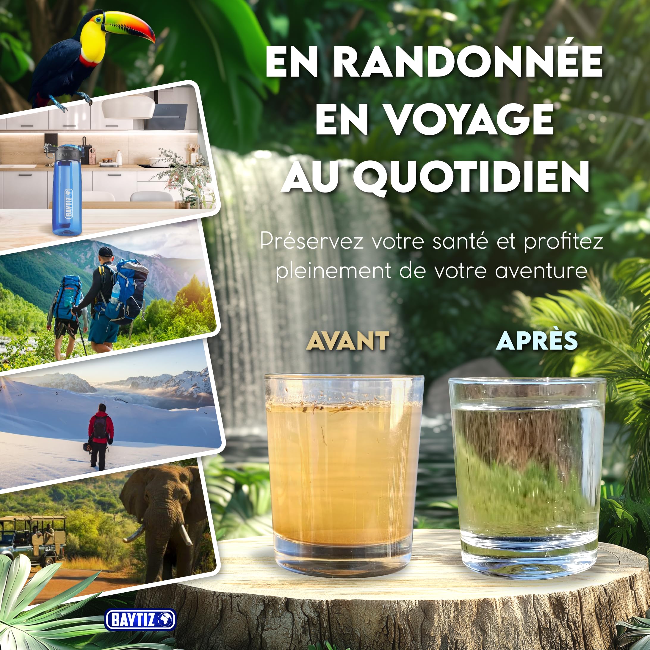 BAYTIZ ® Gourde Filtrante + Paille de Survie au Charbon Actif - Bouteille Filtre à Eau Nomade : Voyage Randonnée Trek Camping Kit Purificateur Réutilisable Plastique Sac Pluie Catastrophe