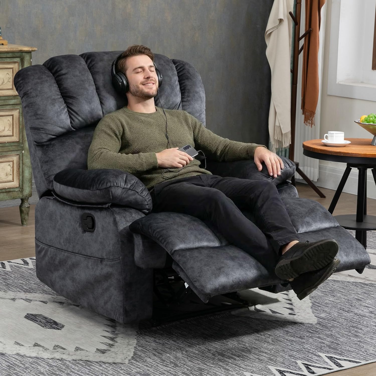 PELUMY Oversized Recliner Chair for Adults, Manual Push Back Reclining Chair with Side Pockets, Extra Wide Fabric Lounge Chair for Living Room, No Tools Assembly (Dark Gray)