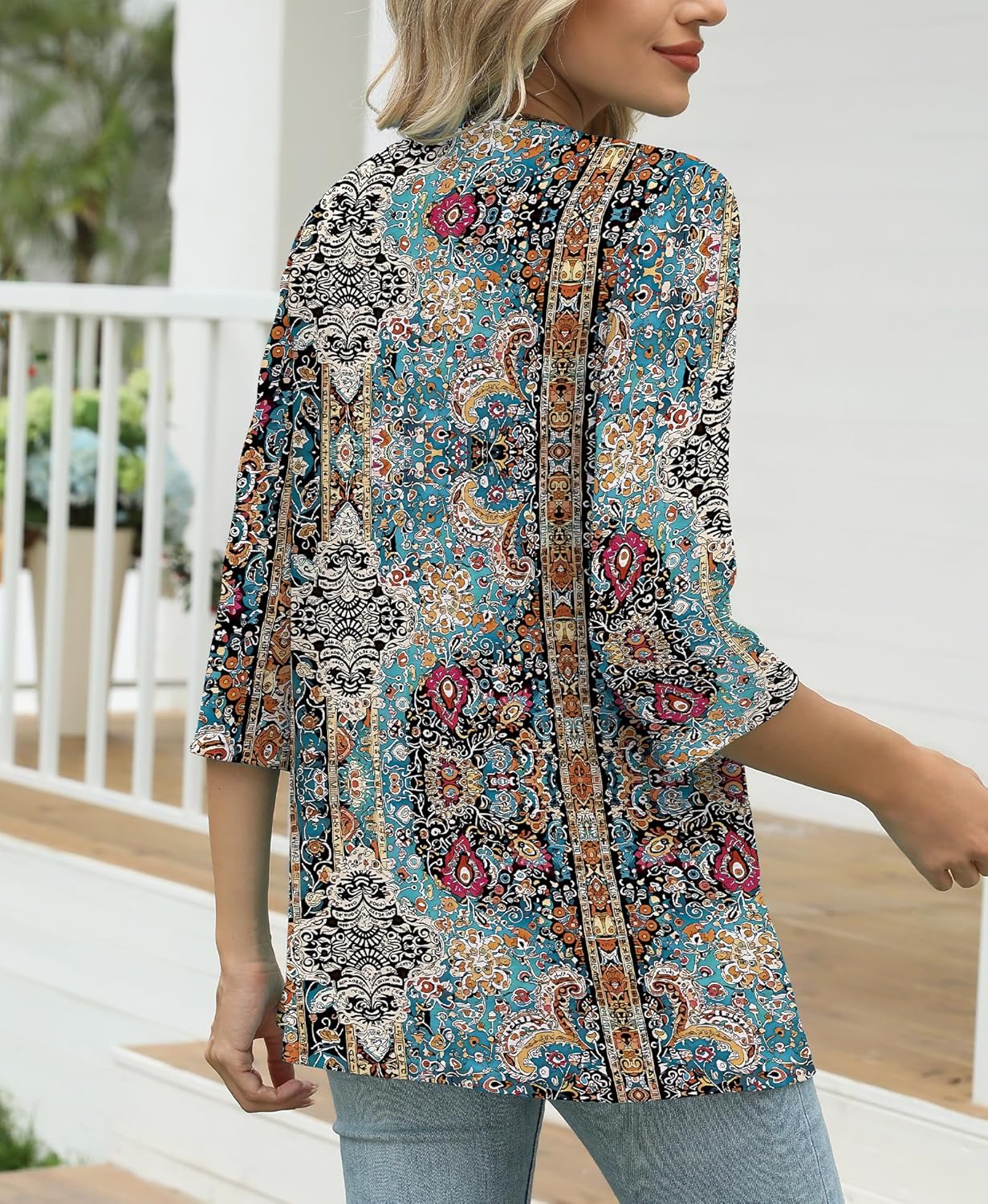 3/4 Length Sleeve Womens Tops V Neck T Shirts Casual Pleated Tunic for Women Fashion Loose Blouses - Image 4