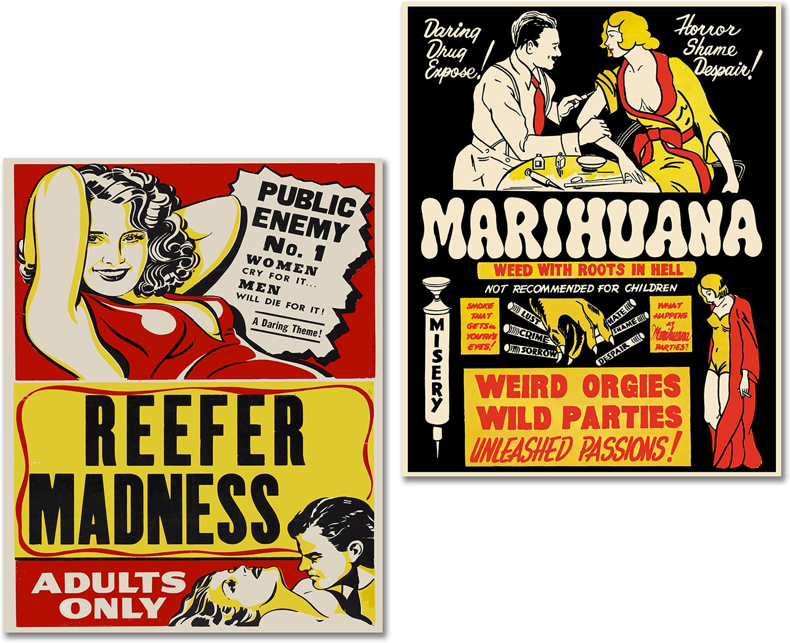 BigWig Prints - Marijuana Cannabis Propaganda Posters, Reefer Madness Wall Art Set, Retro Cannabis Posters for Home, Unique Marijuana Wall Decor - Unframed Set of 2 (8x10)