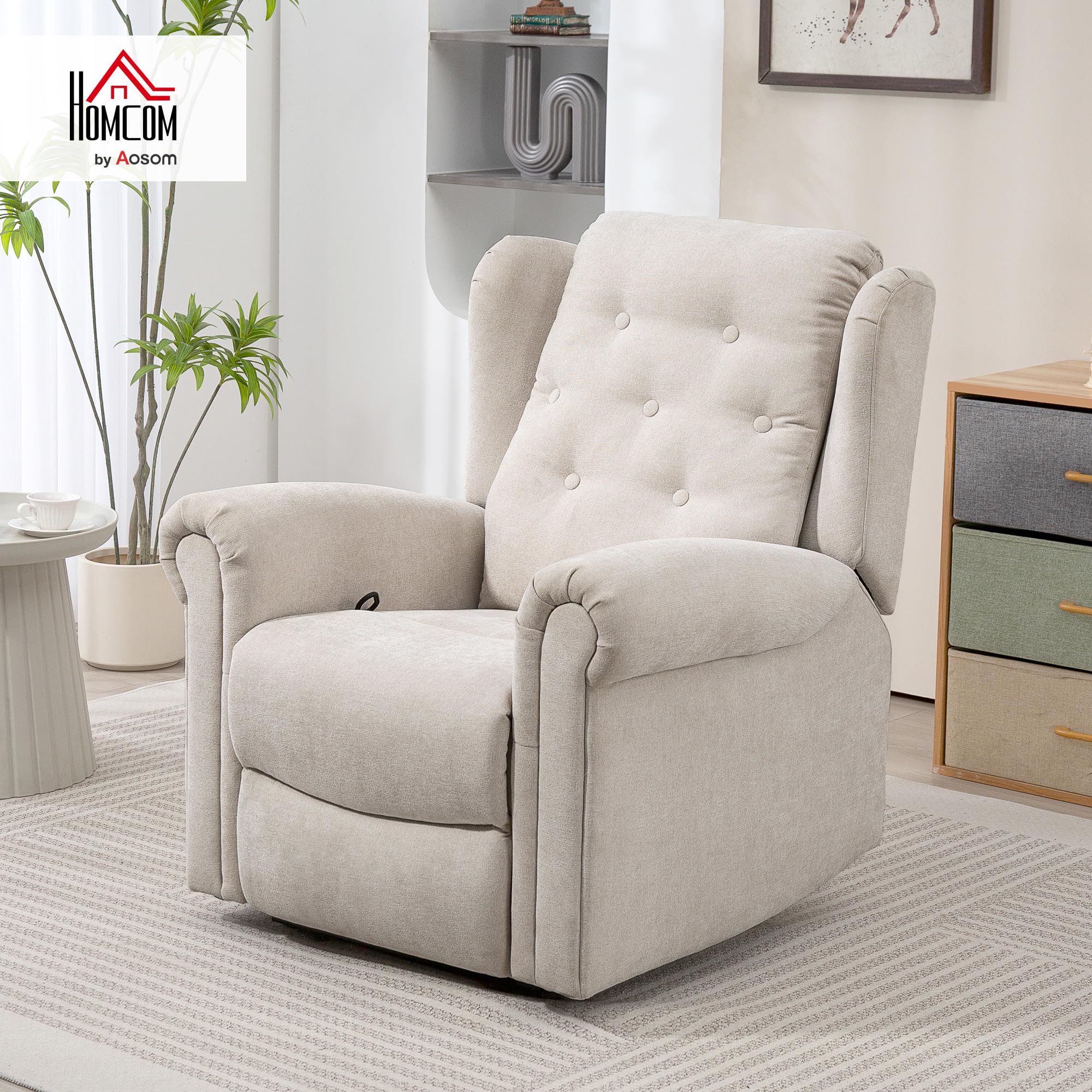 HOMCOM Fauteuil Relax massant et Chauffant, Fauteuil inclinable Beige | Dossier et Repose-Pieds Réglables Manuellement, Tissu Aspect Lin, Poche Latérale, pour Salon, Chambre