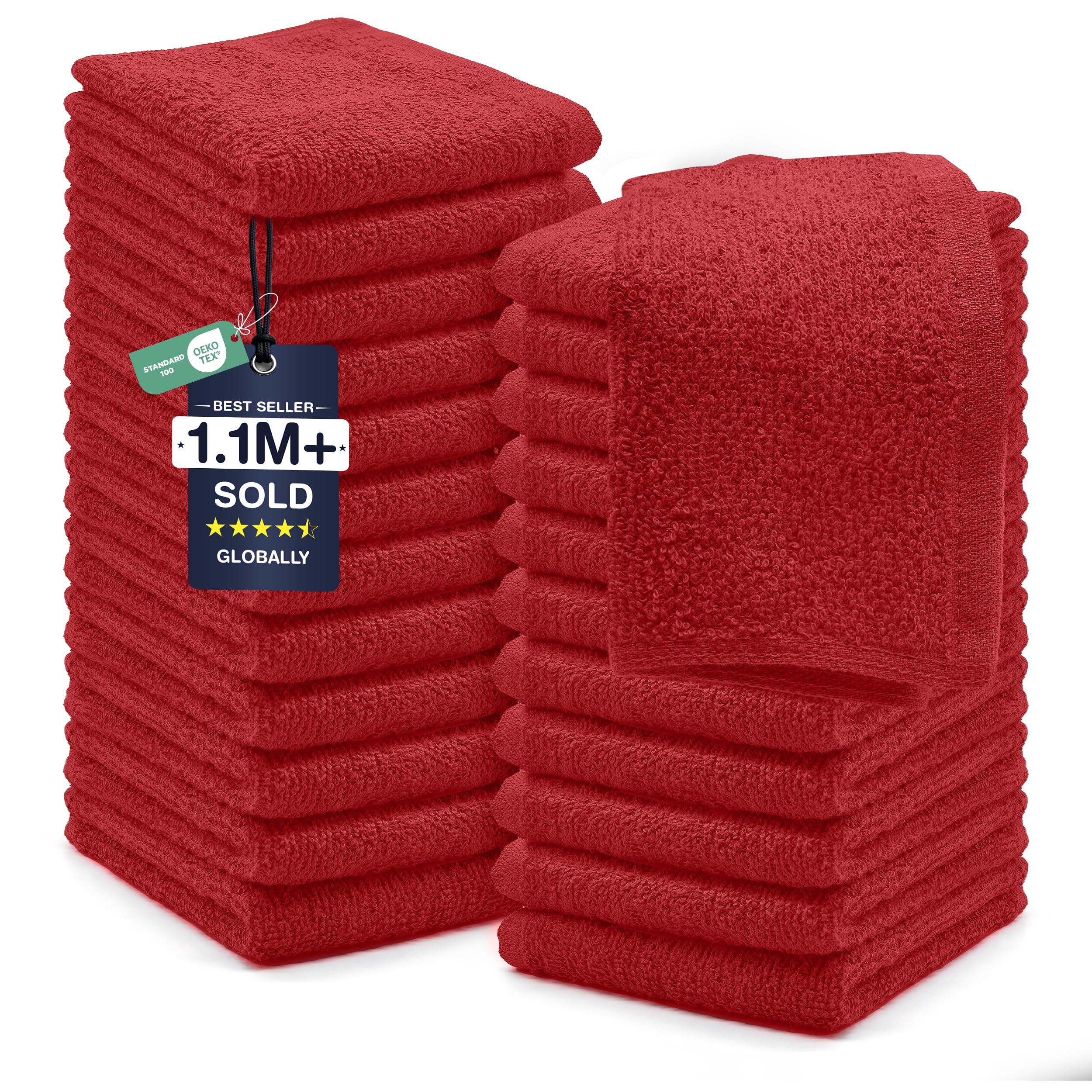 DAN RIVER 24 Pack Cotton Wash Cloths Set for Showering [12x12] Red