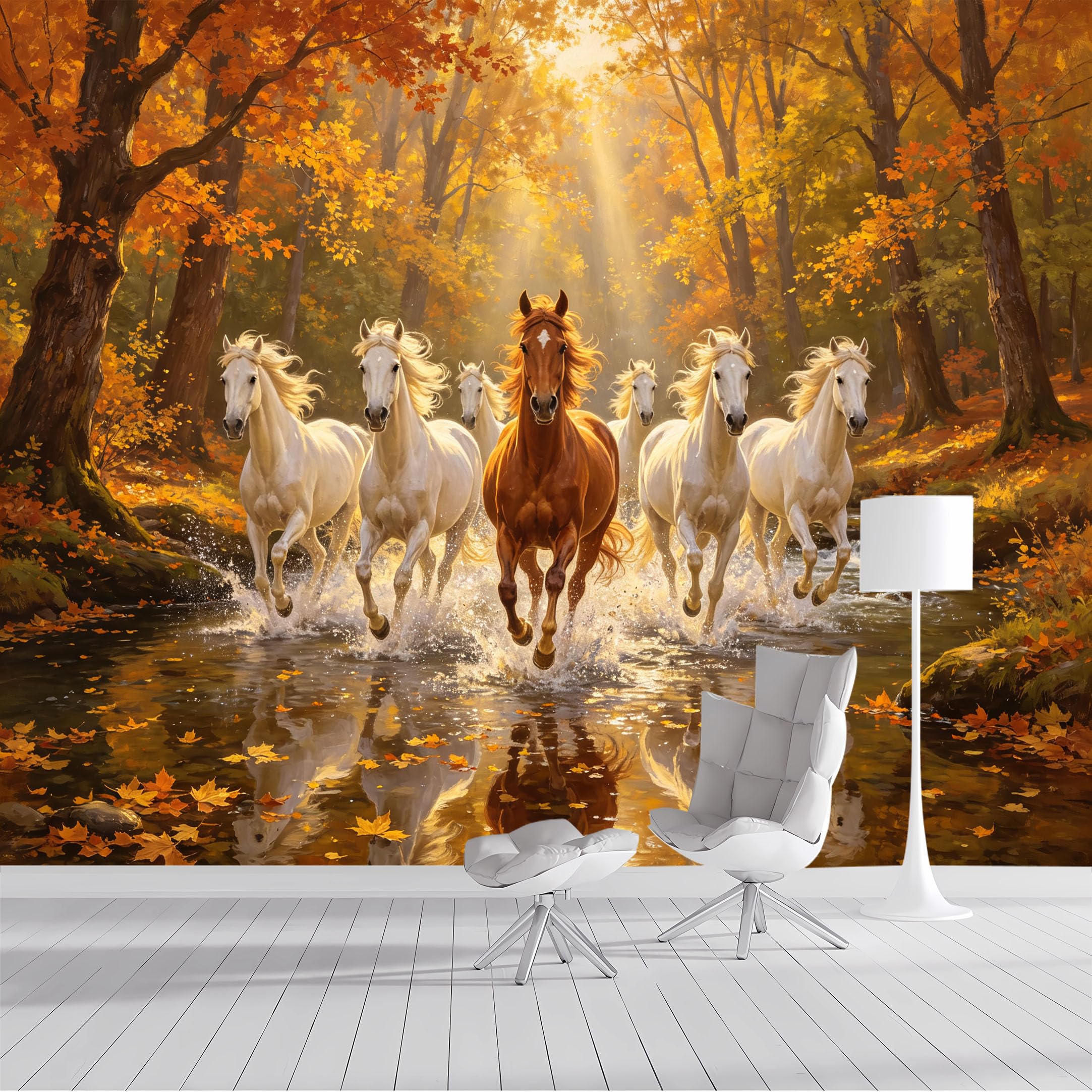 Custom Size Wall Mural Autumn Forest Running Horses Rustic Landscape Oil Painting SelfAdhesive Wall Fabric Removable Peel and Stick Wallpaper Wall Decor for Living Room Bedroom Bathroom