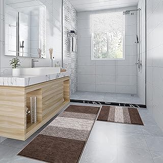 Vaukki Luxury Soft Bathroom Rugs Set of 2, Non Slip Washable Plush Bath Floor Mats, Microfiber Shaggy Absorbent Striped Ba...