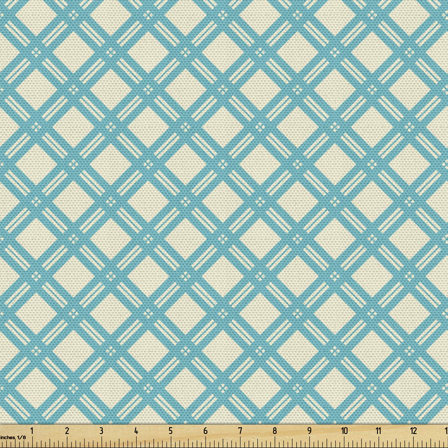 Ambesonne Retro Fabric by The Yard, Aqua Colored Monochrome Checked Pattern Geometric Diagonal Striped Tile Design, Decorative Fabric for Upholstery and Home Accents, 3 Yards, Turquoise Ivory