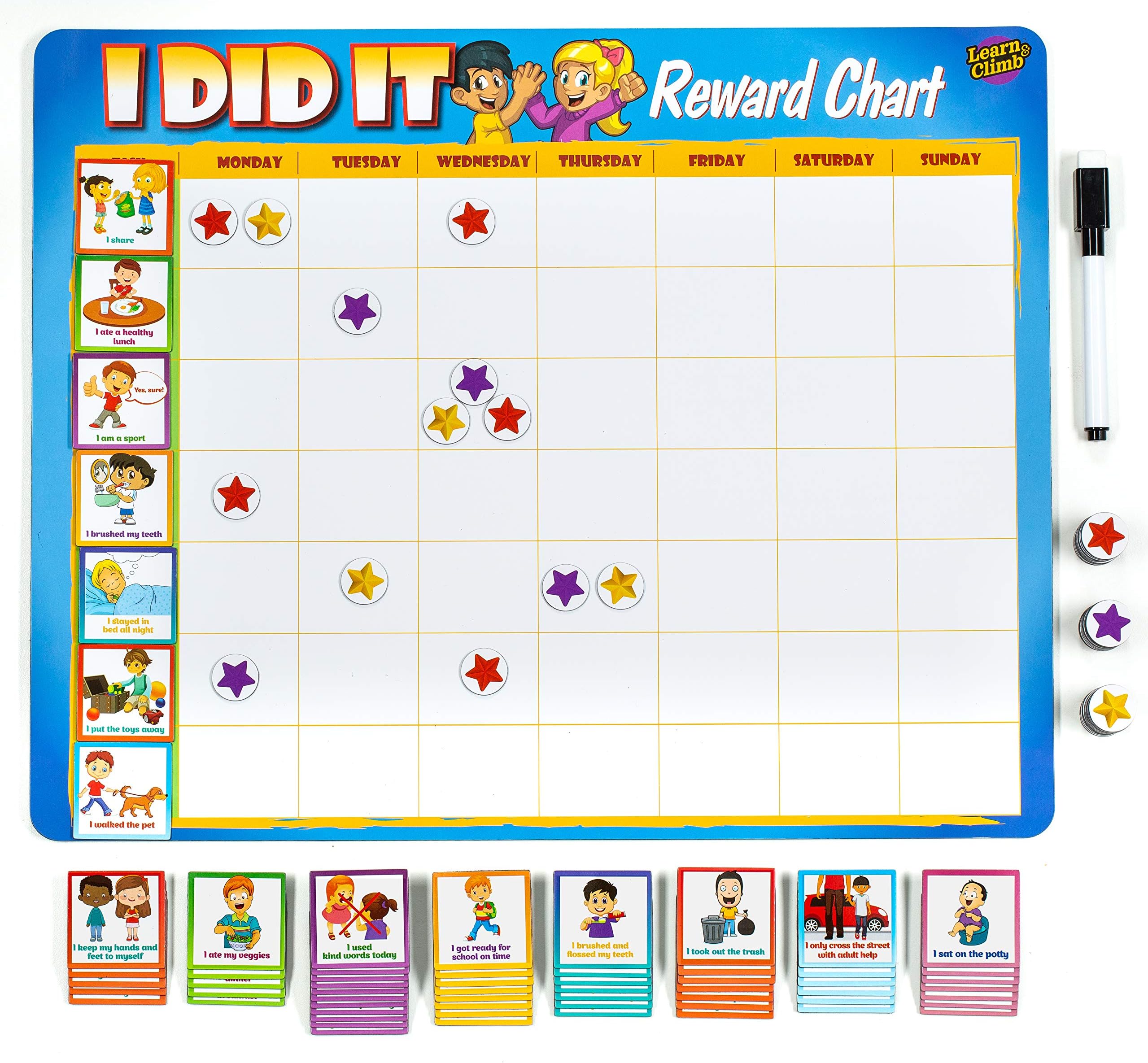 Learn & Climb Kids Chore Chart - 63 Behavioral Chores as Potty Train, Thick Magnetic, Reward Chart Board, Kids