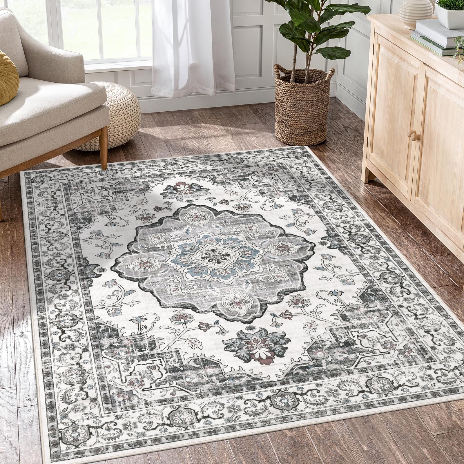 HiiARug Area Rug 5x7 Washable Rug for Living Room,Retro Boho Rugs for Bedroom Low Pile Non Slip Dining Room Rug Soft Vintage Floor Carpet for Home