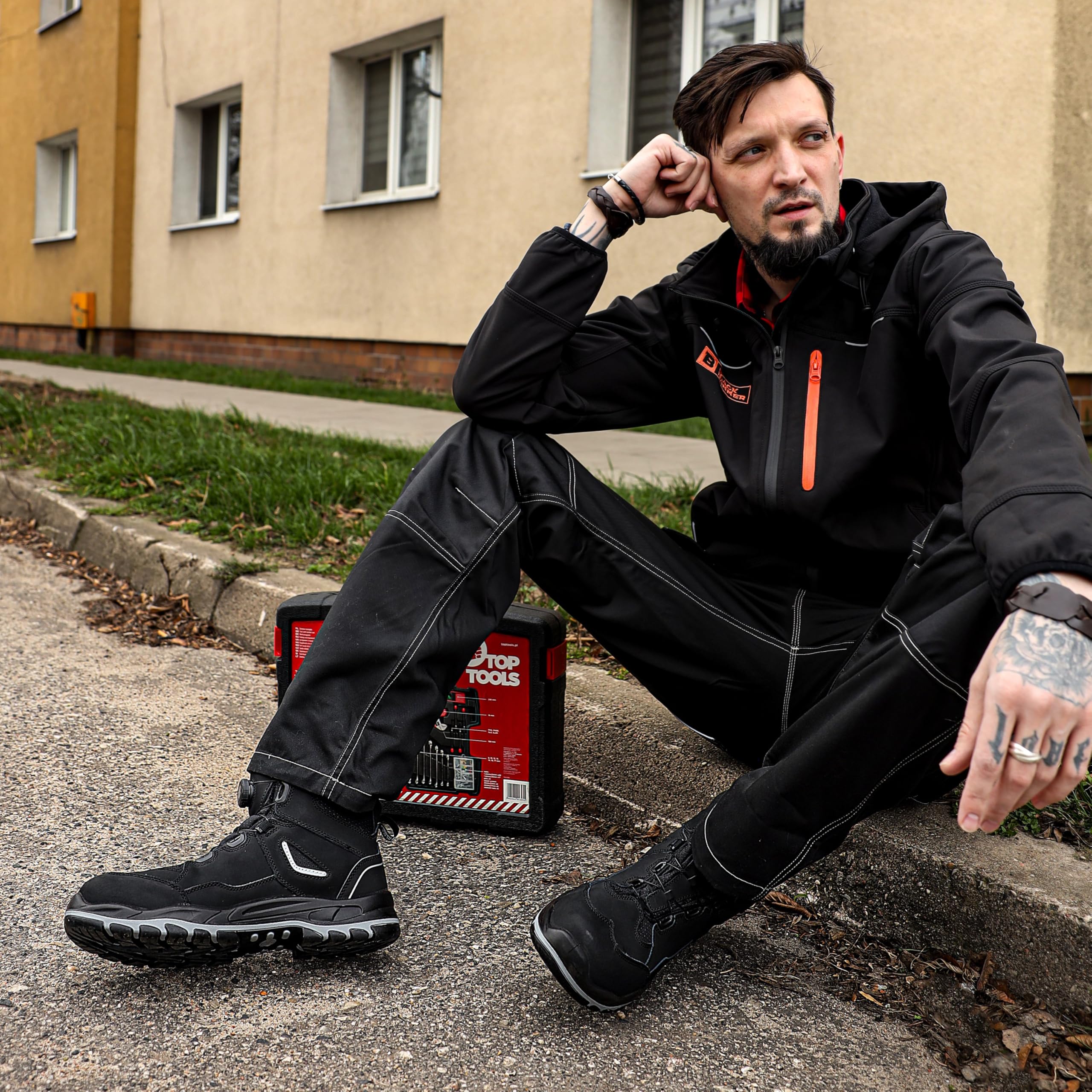 Męskie Buty Robocze Black Hammer Zamsz Nosek z WWłókna szklanego, wytrzymała podeszwa środkowa, wkładka z pianki memory, system sznurowania BOA - obuwie robocze S3 PL SR FO 8899 (48 EU)