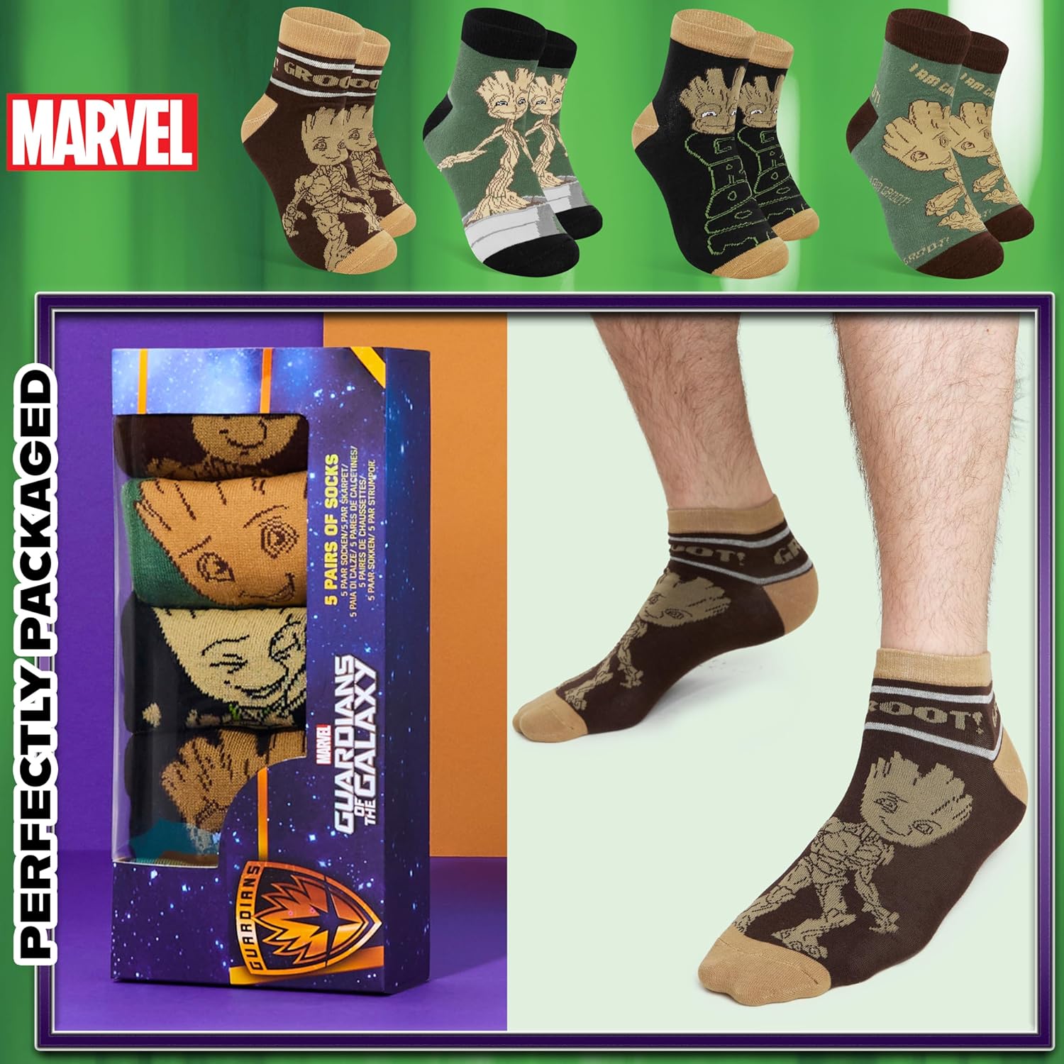 Marvel Socks for Men, Teens US Size 7–11, 5 Pack Casual Ankle Sports Socks, Groot Guardians of the Galaxy Gifts