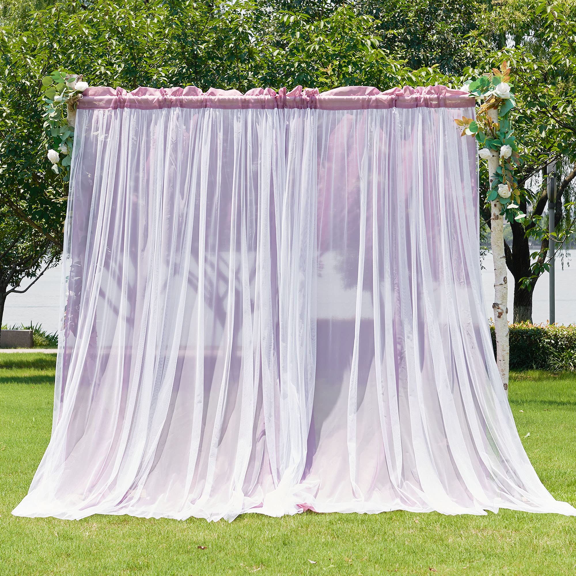 NICETOWN Mauve Sheer Overlapped with White Tulle Backdrop Curtains for Wedding Arch Baby Shower Parties, Stage Backdrop Dessert Table Background Photography Decorations (55" W x 108" L, 2 Panels)