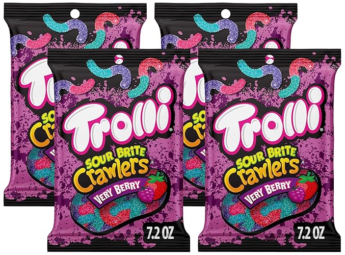 Trolli Sour Brite Crawlers Candy, Very Berry Flavored Sour Gummy Worms, 7.2 Ounce (Pack of 4) - Very Berry - 7.2oz (Pack of 4)