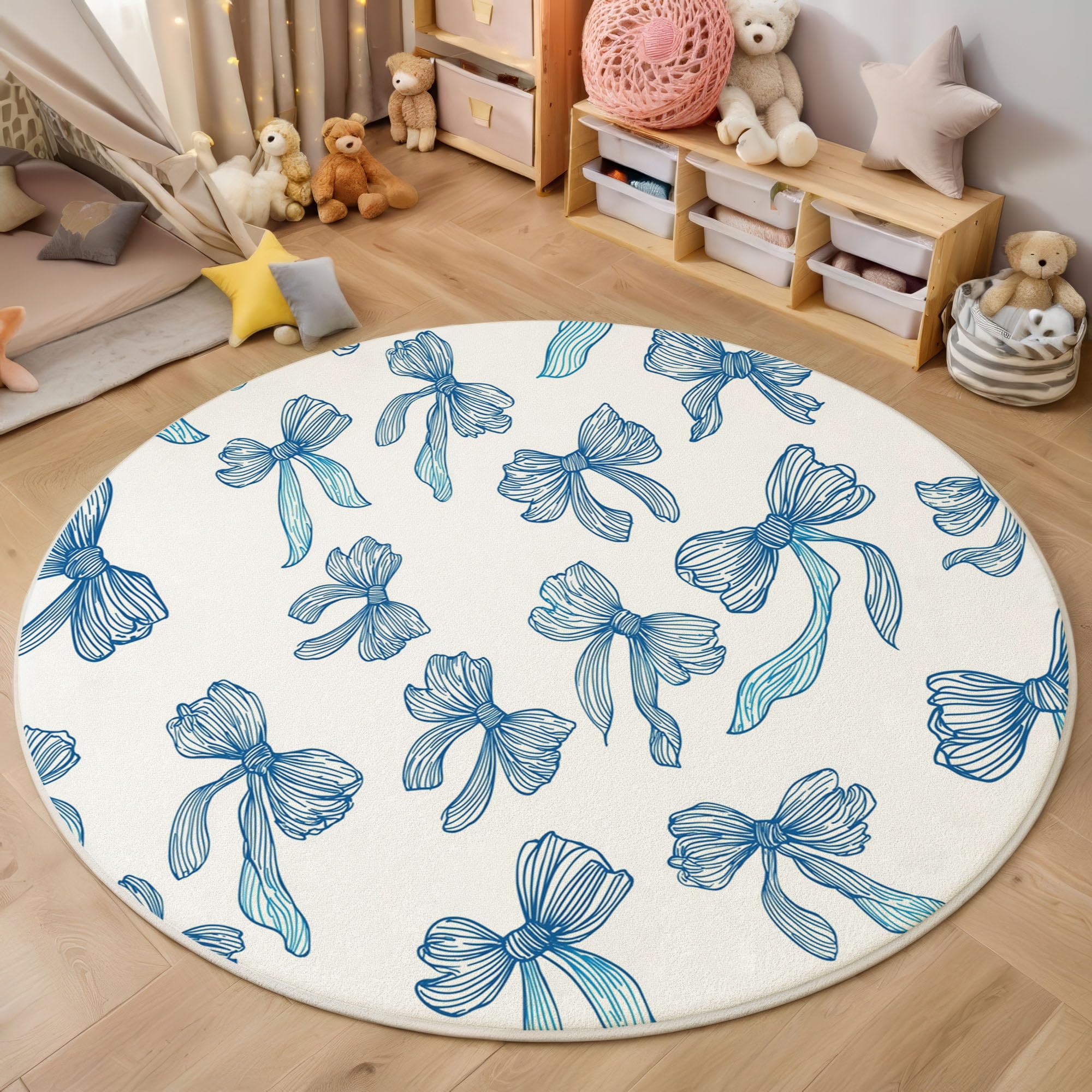 Tapis enfant rond 180cm bleu minimaliste pour chambre de fille et salon