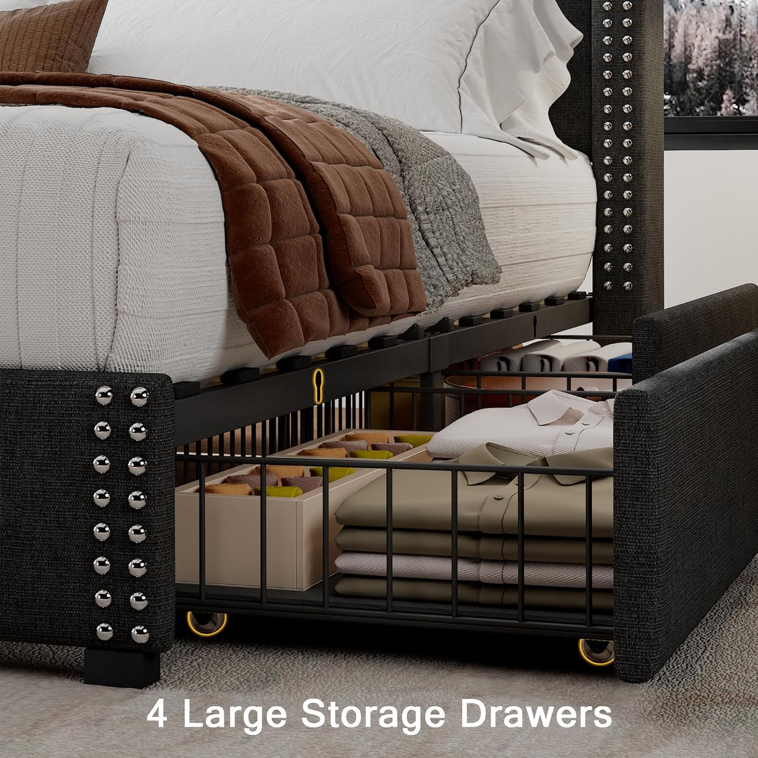 Einhomn Upholstered King Size Bed Frame with 4 Storage Drawers, Platform Bed Frame with Charging Station, Modern Geometric Wingback Headboard, No Box Spring Needed, Dark Grey