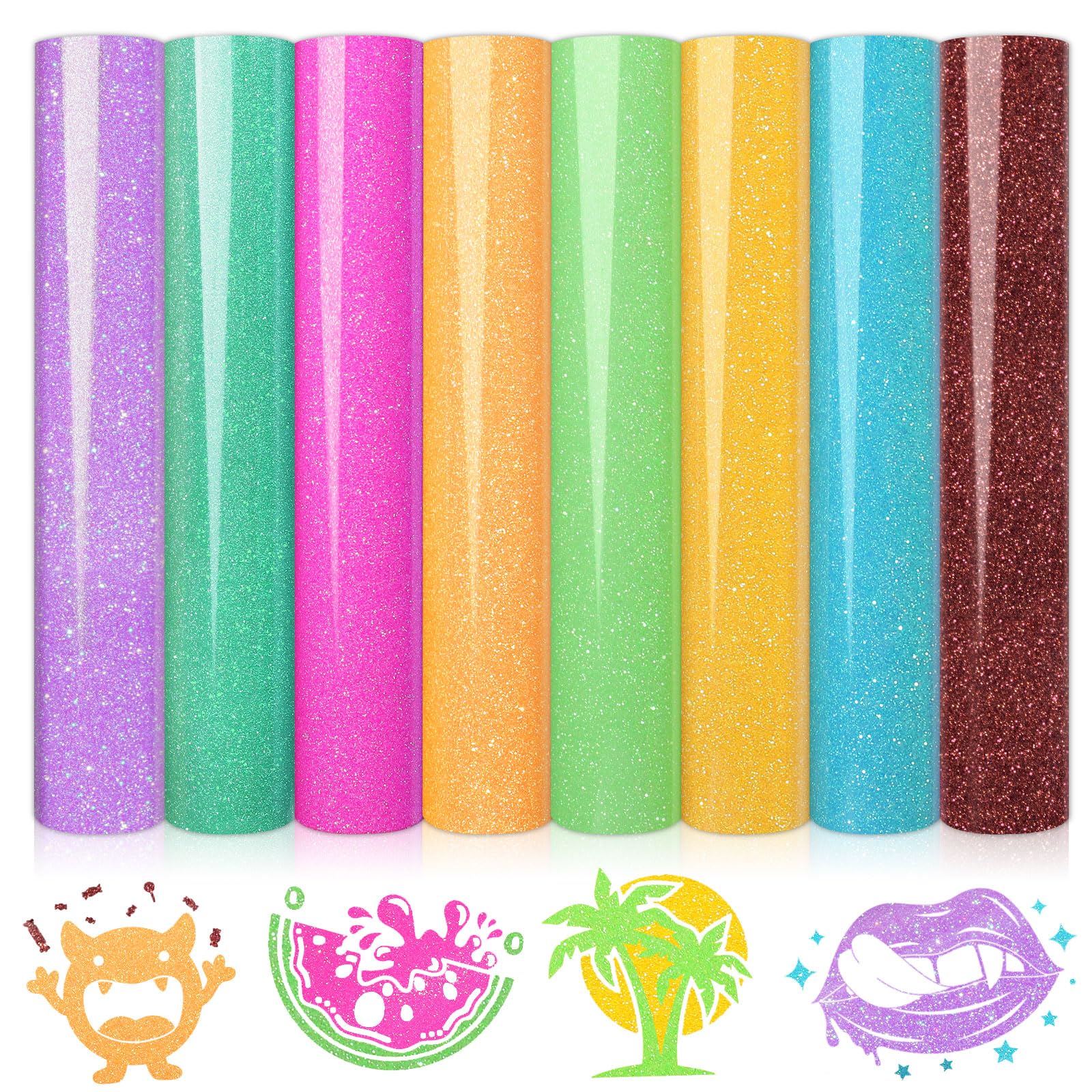 WRAPXPERT Neon Glitter HTV Heat Transfer Vinyl Bundle, 8 Packs Glitter Iron on Vinyl for Shirts, Sparkle 12''x10'' HTV Vinyl with Hot Pink/Neon Green/