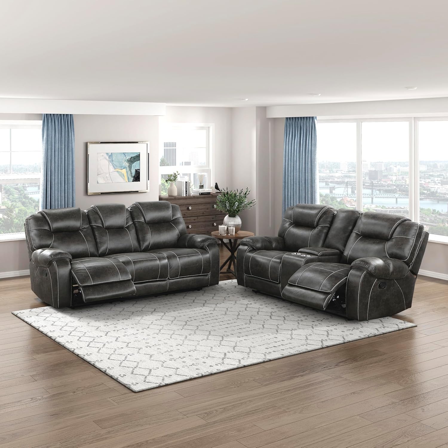 Lexicon 2 Piece Living Room Furniture Sets, Polished Microfiber Manual Reclining Sofa Set with Pillow Top Arm, Padded Headrest, Wall Hugger Manual Double Reclining Sofa & Loveseat, 2 Pieces, Chocolate