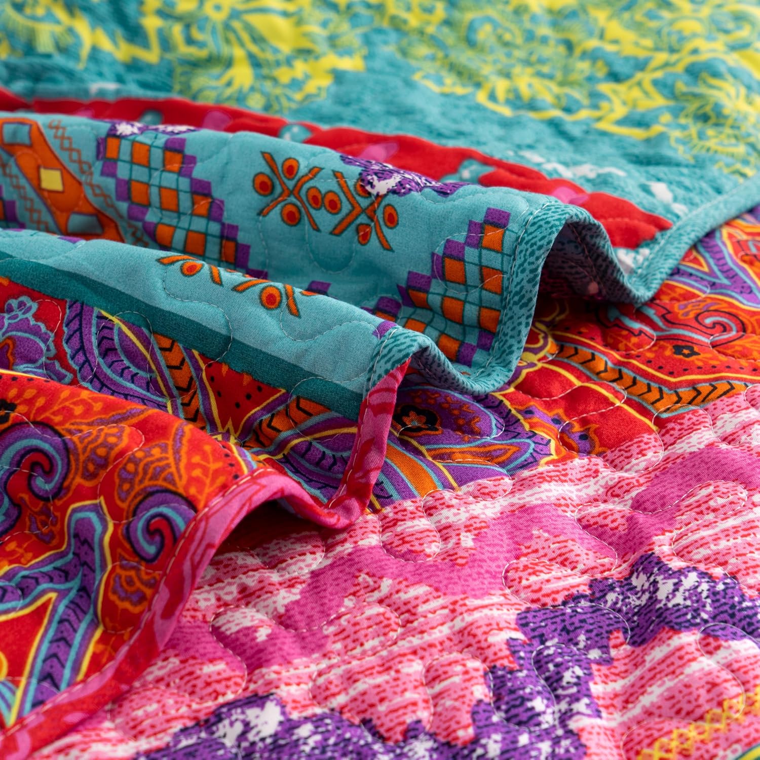 Bohemian Quilt Set Queen 3 Pieces Soft Microfiber Lightweight Colorful Bedspread Quilt Bohemian Bedding Set Exotic Yellow Orange Boho Quilt Set 1 Quilt and 2 Pillow Shams for All Season - Image 7
