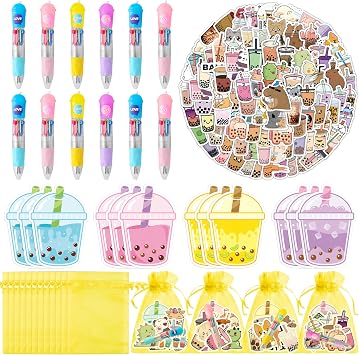 CY2SIDE Bubble Tea Stationery Party Gift - 24 Pack Back to School Gift Set Include 4-in-1 Ballpoint Pens Sticky Note Sticker & Organza, Bubble Tea Birthday Party Favor Summer Goodie Bag Filler & Prize