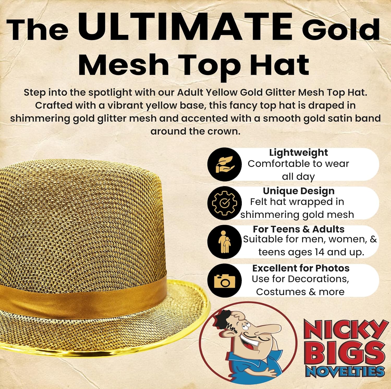 Nicky Bigs Novelties Gold Top Hat for Adults Tuxedo New Years Eve Shiny Yellow Gold Metallic Glitter Mesh Top Jazz Dance Hats Mardi Gras Cosplay Halloween Party Costume Accessory One Size - Image 2