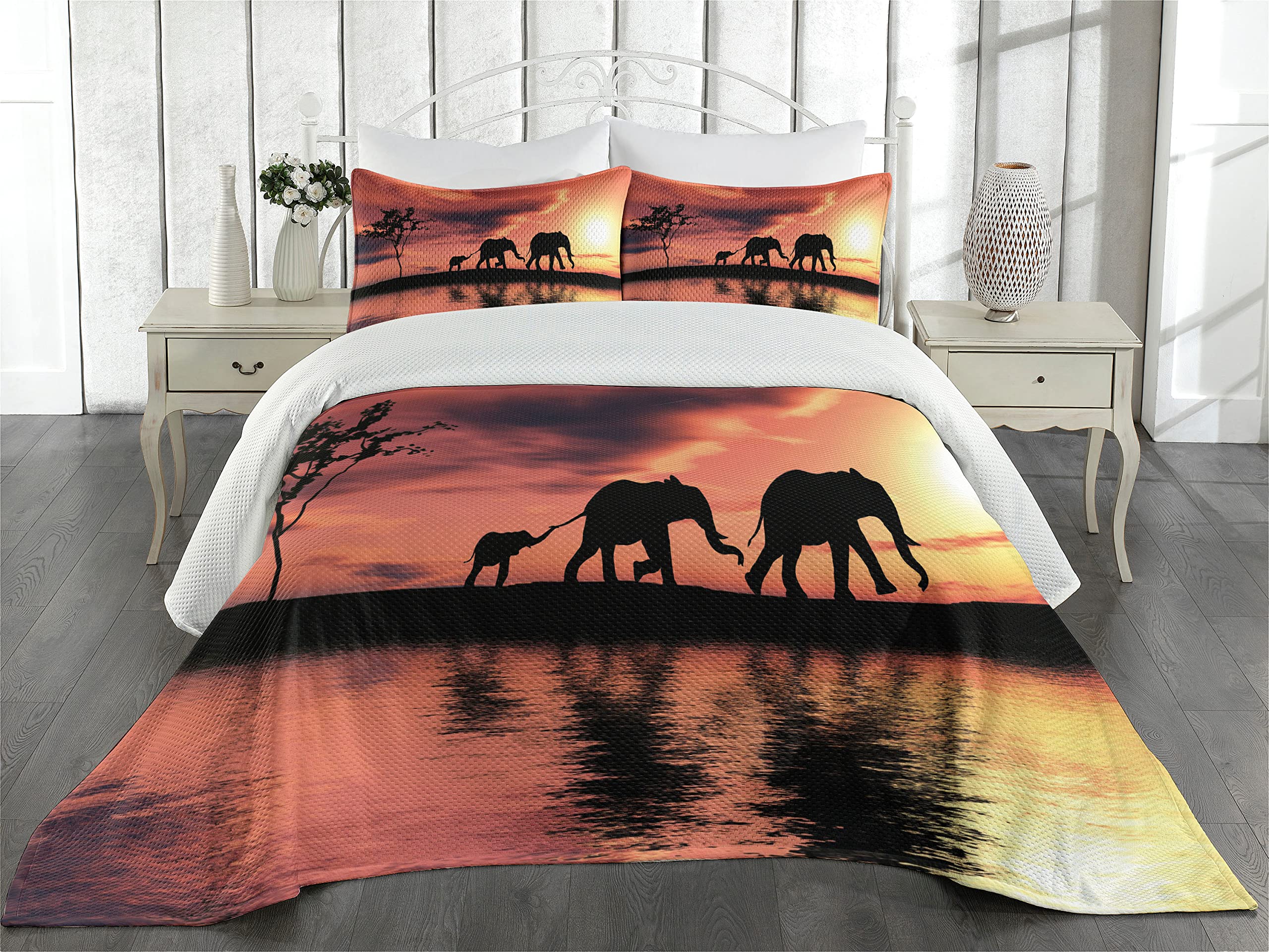Ambesonne Animal Coverlet, Wild Creatures Family Silhouettes by River Animals Adventure Landscape, 3 Piece Decorative Quilted Bedspread Set with 2 Pillow Shams, Twin Size, Dark Coral Seal Brown