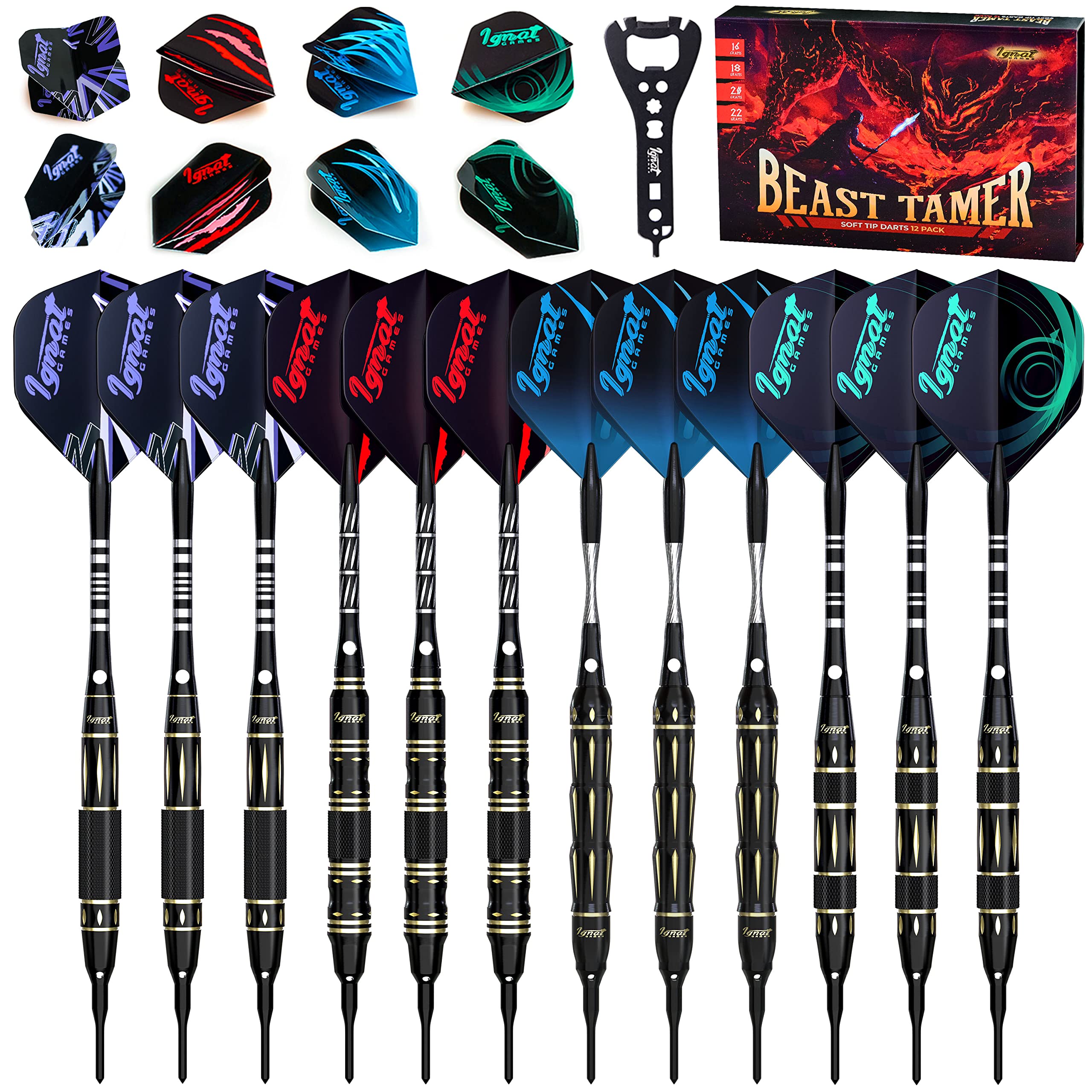 IgnatGames Premium Soft Tip Darts – 6/12 Pack Brass Barrels with Aluminum Shafts, 16 GlideXPro Flight Set, Tool Kit, Giftable Case & 100 Extra Tips
