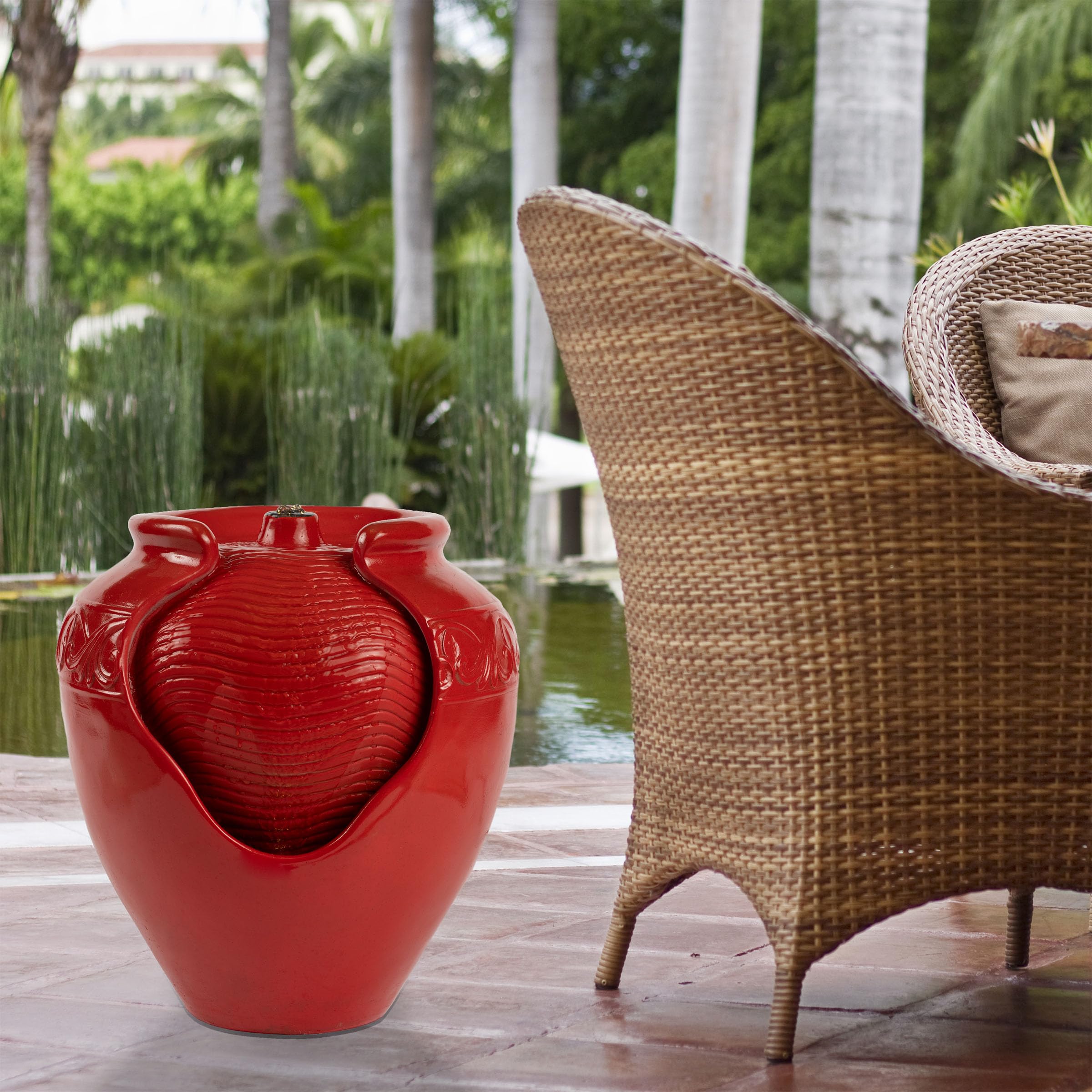 Pure Garden Jar Fountain – Indoor or Outdoor Ceramic-Look Glazed Pot Resin Water Feature with Electric Pump and LED Lights (Imperial Red)