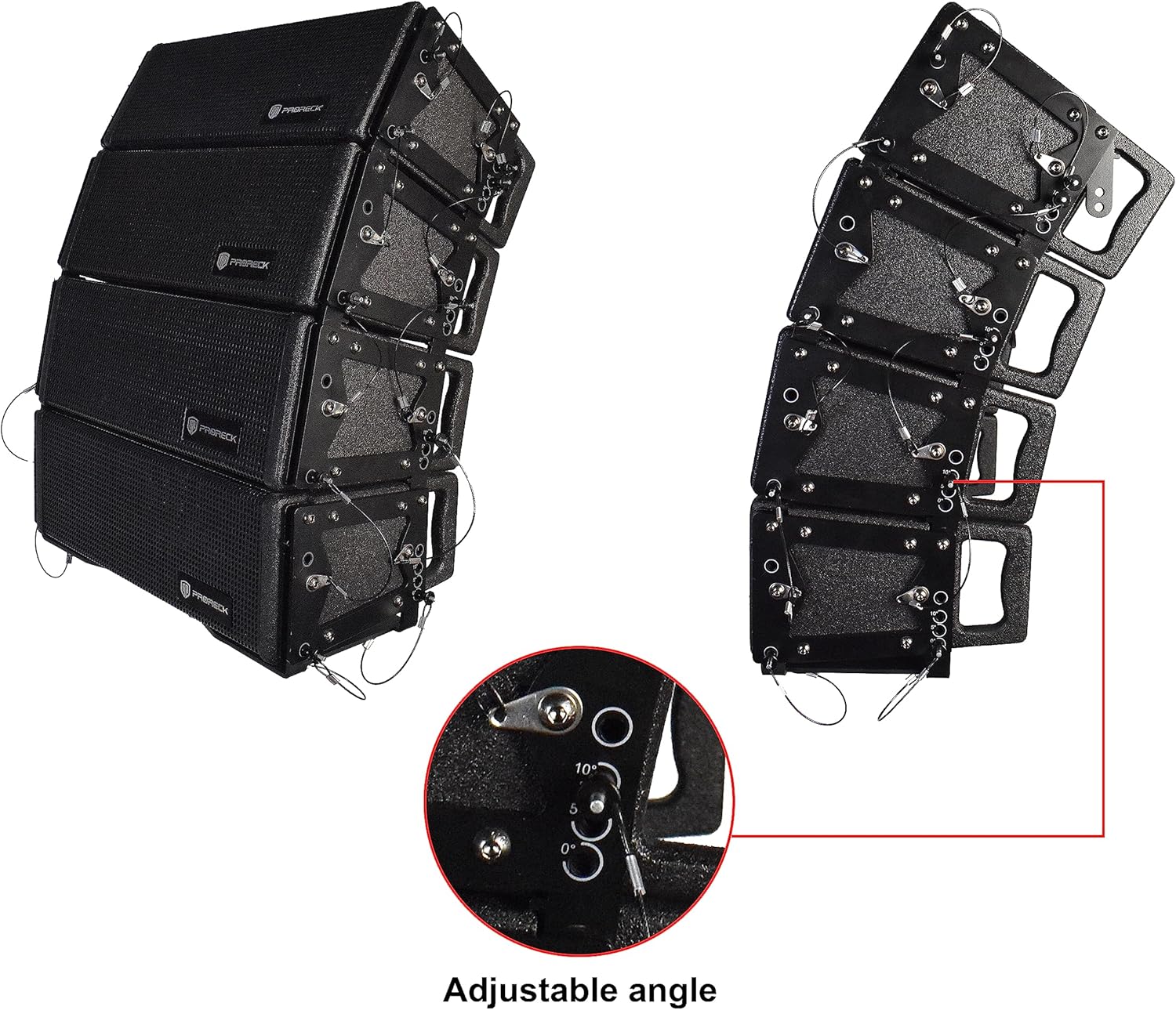 Close-up of PRORECK line array speakers showing adjustable angle mechanism