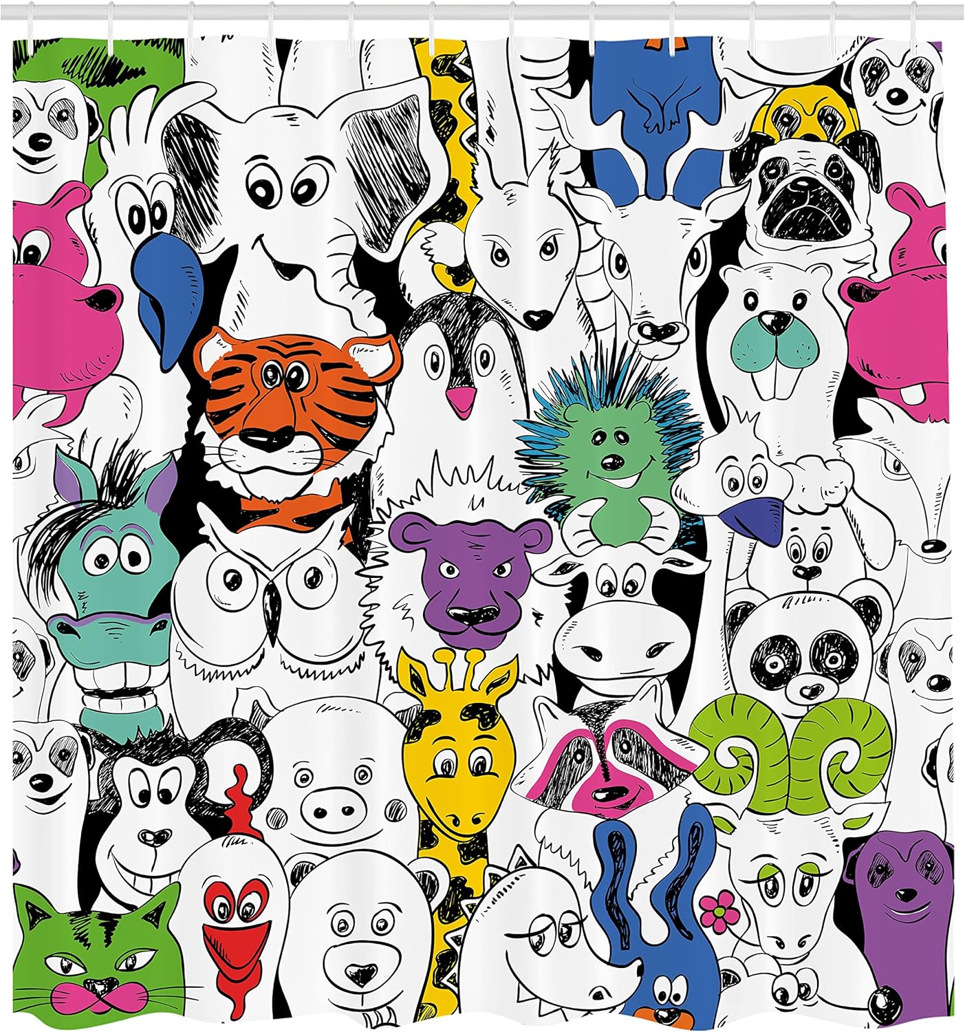 Ambesonne Psychedelic Shower Curtain, Tropical Wild Savannah Zoo Animals Pattern Tiger Giraffe and Owl Room Fun, Cloth Fabric Bathroom Decor Set with Hooks, 69" W x 84" L, Pink