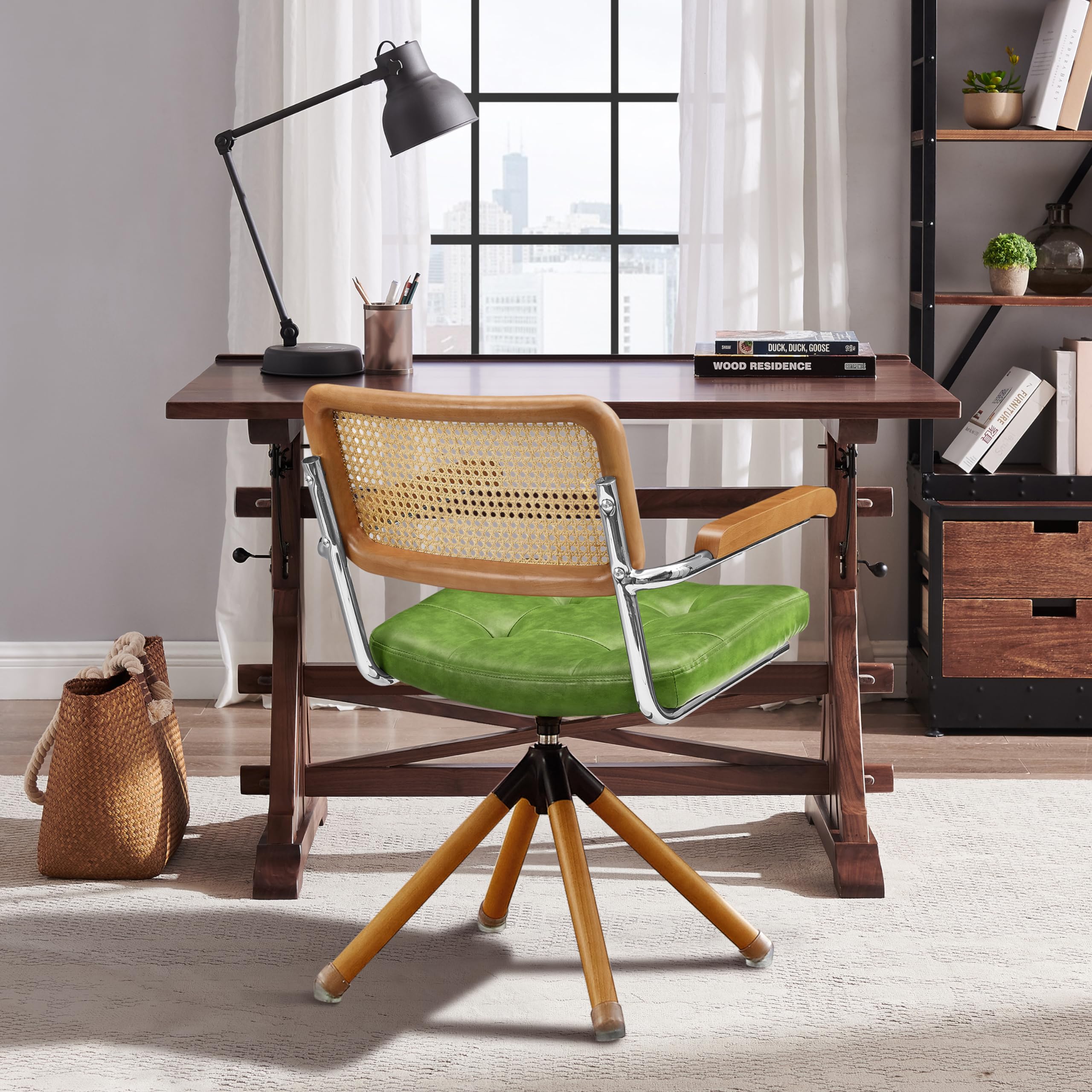 Zouron Silla de Comedor de Estilo Moderno (Respaldo de ratán), Silla giratoria 360° (tapizado en Piel sintética), sin Ruedas, Verde