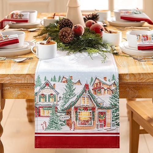 Elrene Home Fashions Storybook Christmas Village - Camino de mesa o consola navideña con bordes, 13 pulgadas de ancho x 70 pulgadas de largo
