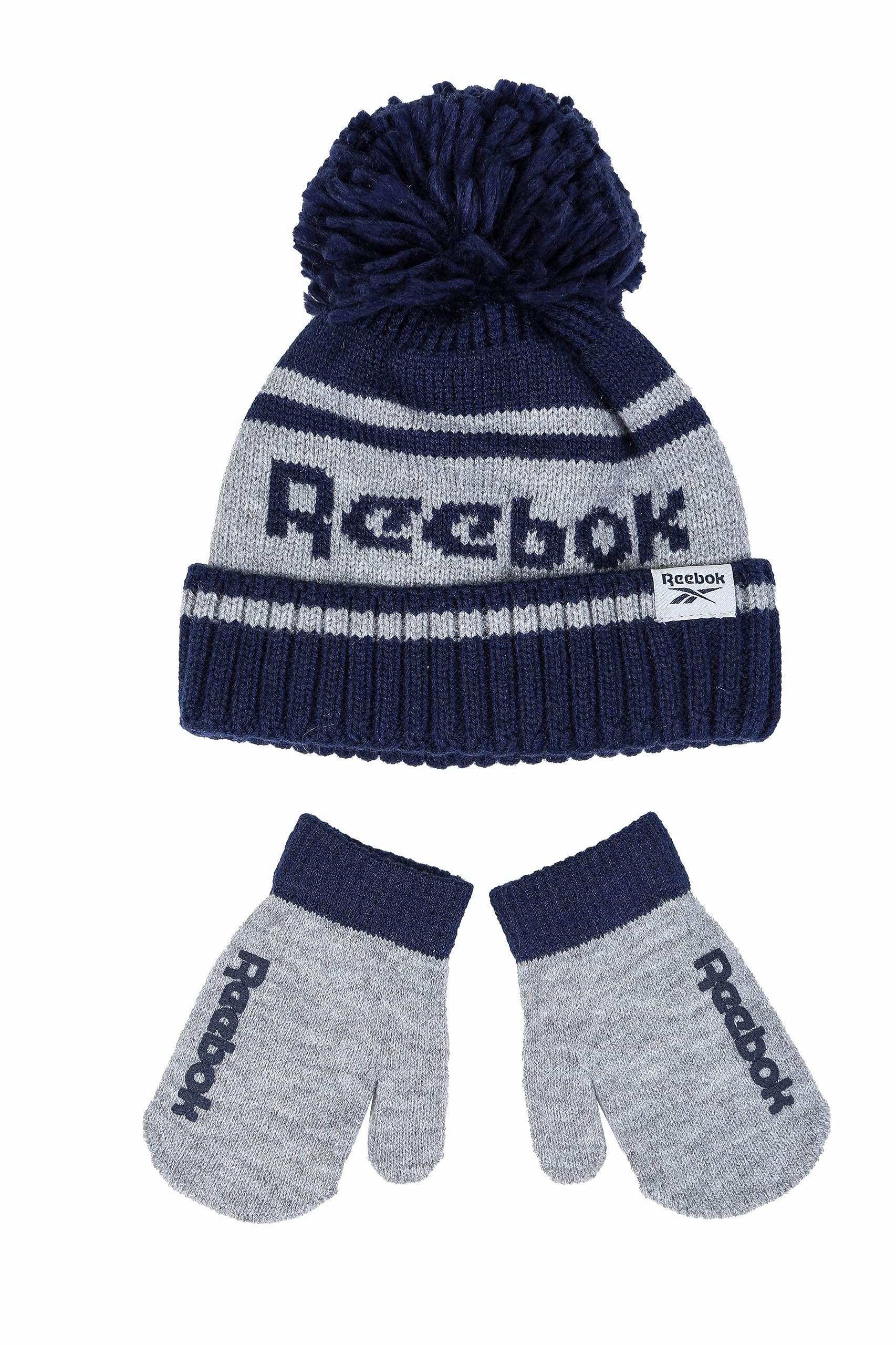 Reebok 2-Piece Toddler Winter Hat and Gripped Mittens - Warm Knitted Pom Beanie & Anti-Slip Gloves - Unisex Cold Weather Accessories, Grey/2T-4T