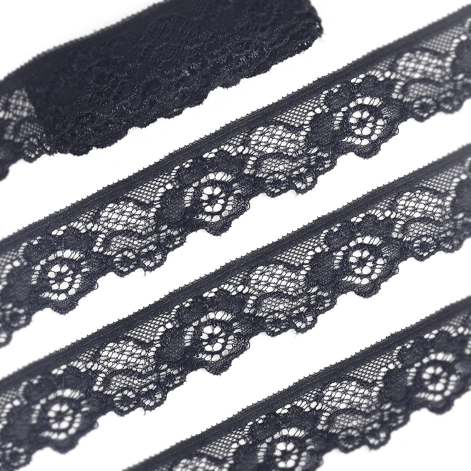 Stretch Lace Ribbon Trim, Floral Black Lace Fabric by The