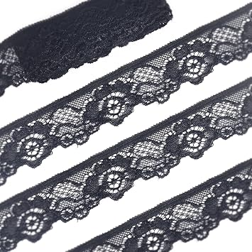 Black Stretch Lace Ribbon Trim, Floral Elastic Lace Ribbon Trim for Crafts Decorating Black 1Inch 20Yards
