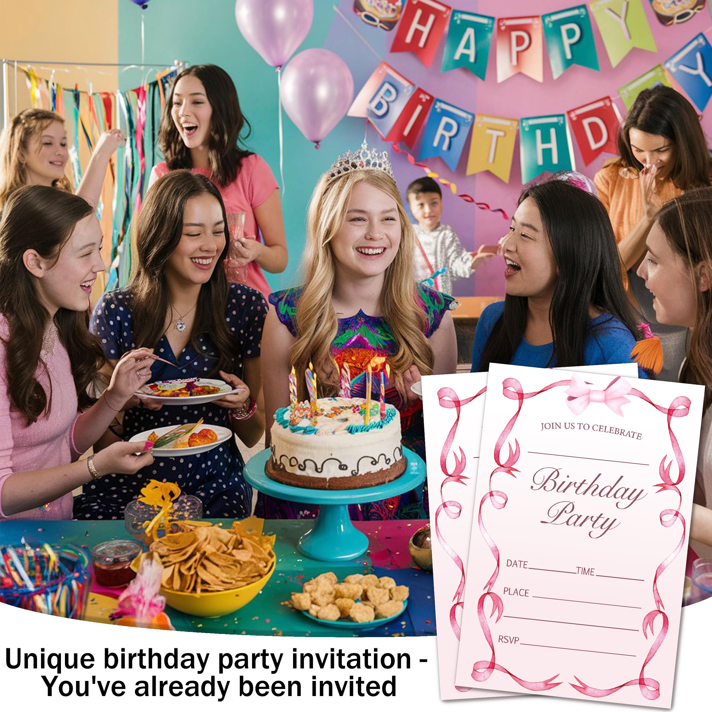 Cartes d'invitation à fête d'anniversaire avec nœud rose pour garçons et filles, cartes d'invitation modernes pour fête d'anniversaire décorations et fournitures, 20 invitations double face à