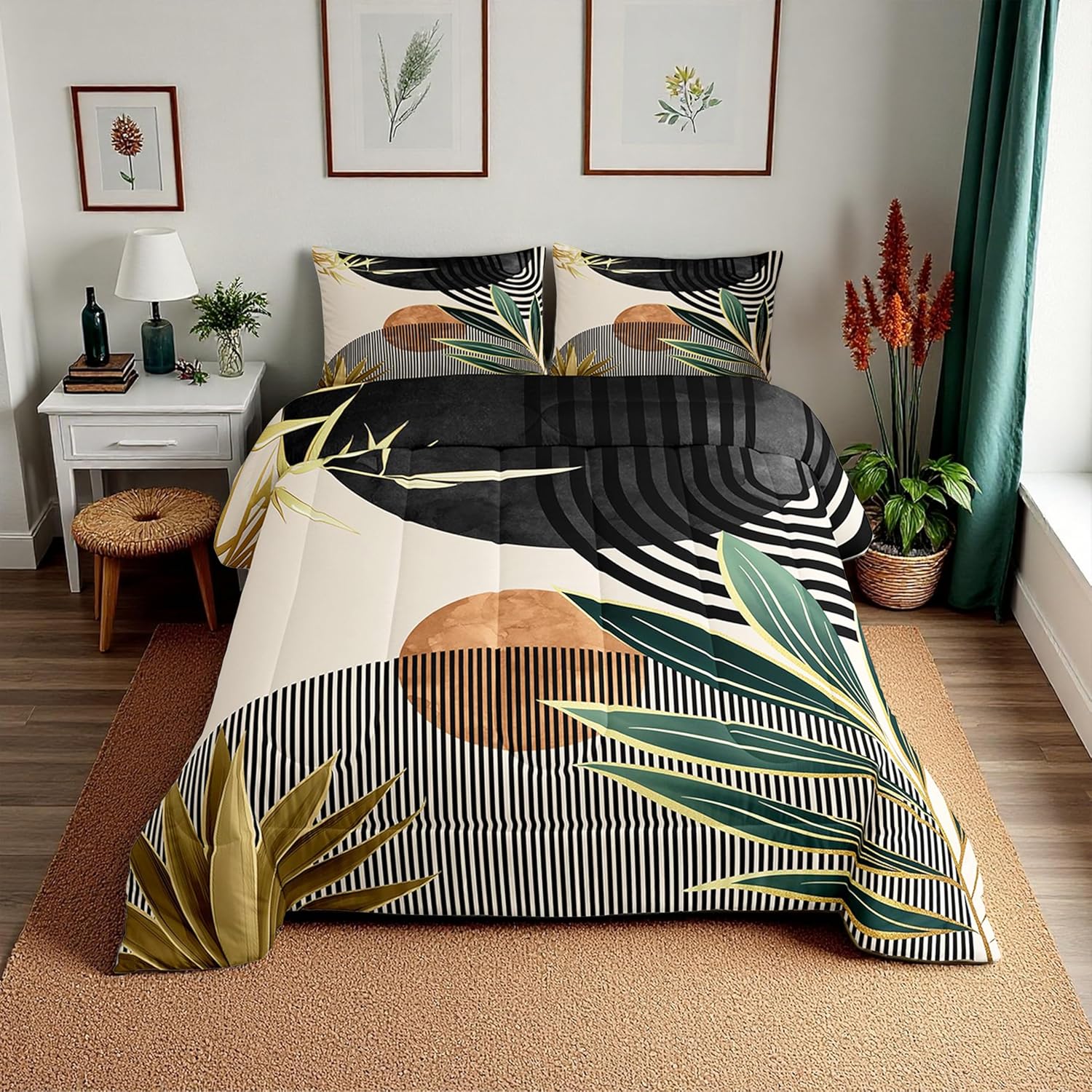Erosebridal Mid Century Bedding Set Full Size Abstract Bohemian Aesthetic Comforter Set,Minimalist Modern Boho Bedding Comforter Sets Vintage Geometric Circle Line Quilt,Purple Gold