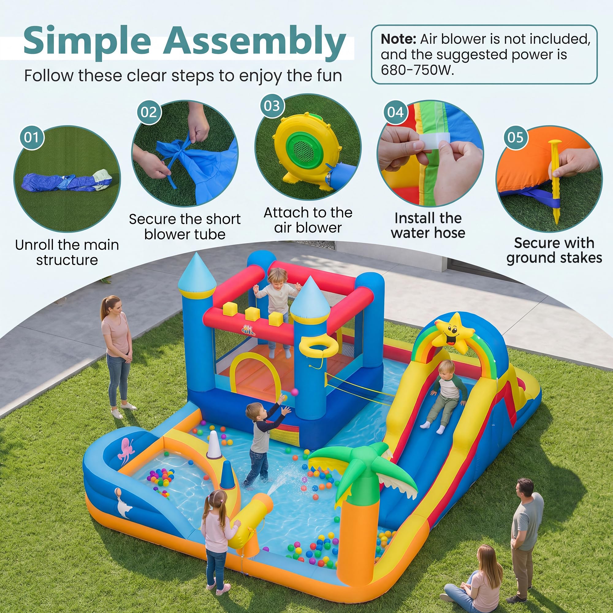 GIANTEX Castello Gonfiabile per Bambini 3+ Anni, Grande Parco Acquatico, in Tessuto Oxford, 2 Piscine, Scivolo, Trampolino, Parete da Arrampicata, Palle, Borsa da Trasporto, per Esterno, Interno