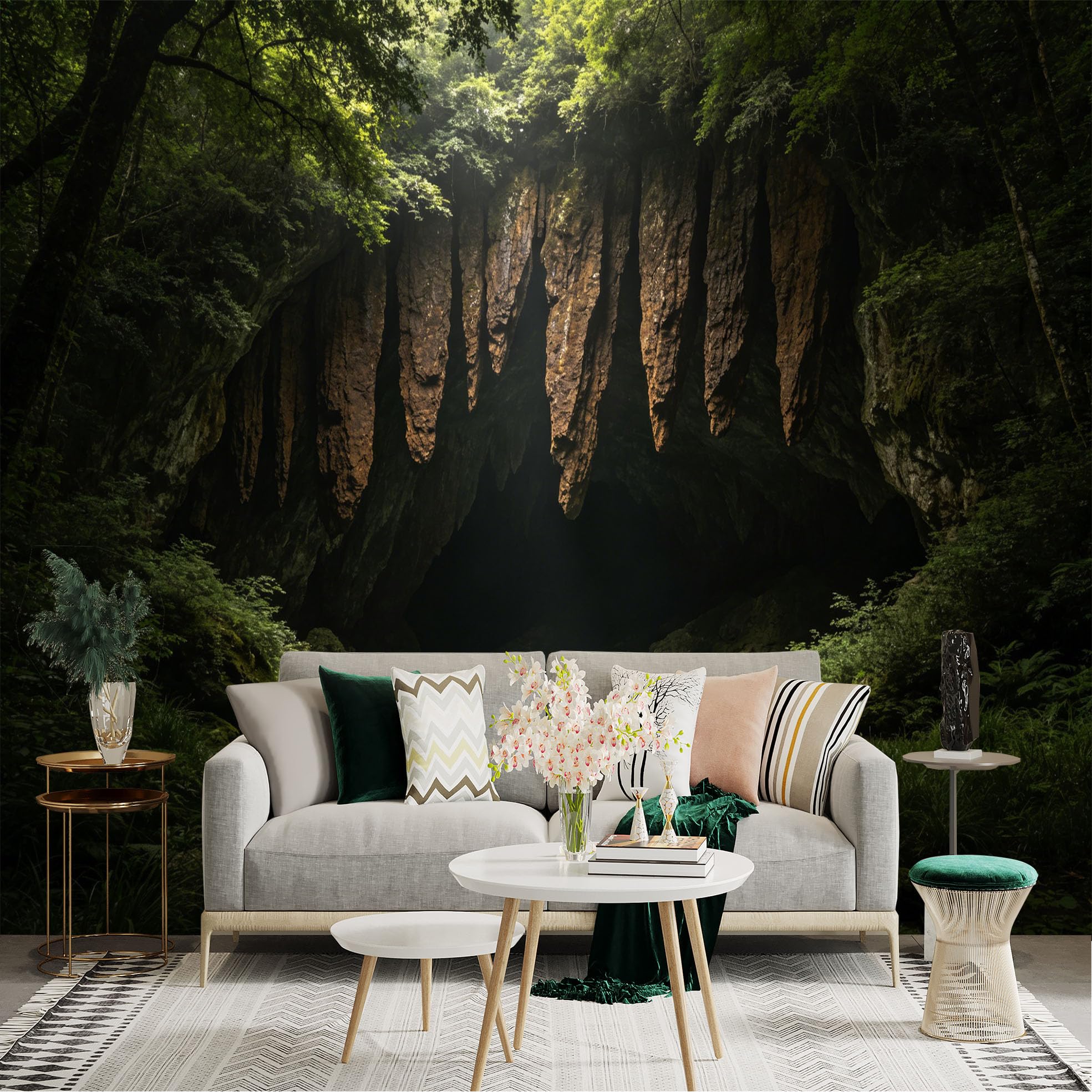 Lnzczhyre Dbh260521270 Custom Size Wall Sticker Mural， Mysterious Limestone Cave， Emerald Tranquil Pool， Lush Forest Vegetation， Sunlight Filtering Through， For Wall Decoration， Peelandstick Wall Decals.