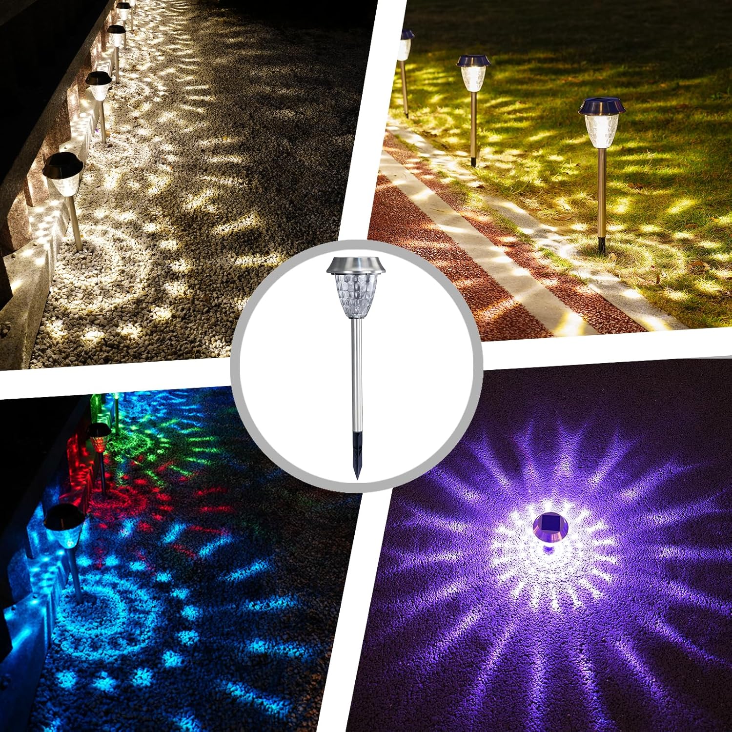 Solar Pathway Lights Outdoor 4 Pack, Glass & Metal Solar Lights with 10 Lumens Brightness, IP65 Waterproof, Warm White & RGB Modes, Decorative Solar Garden Lights for Yard, Walkway, Driveway