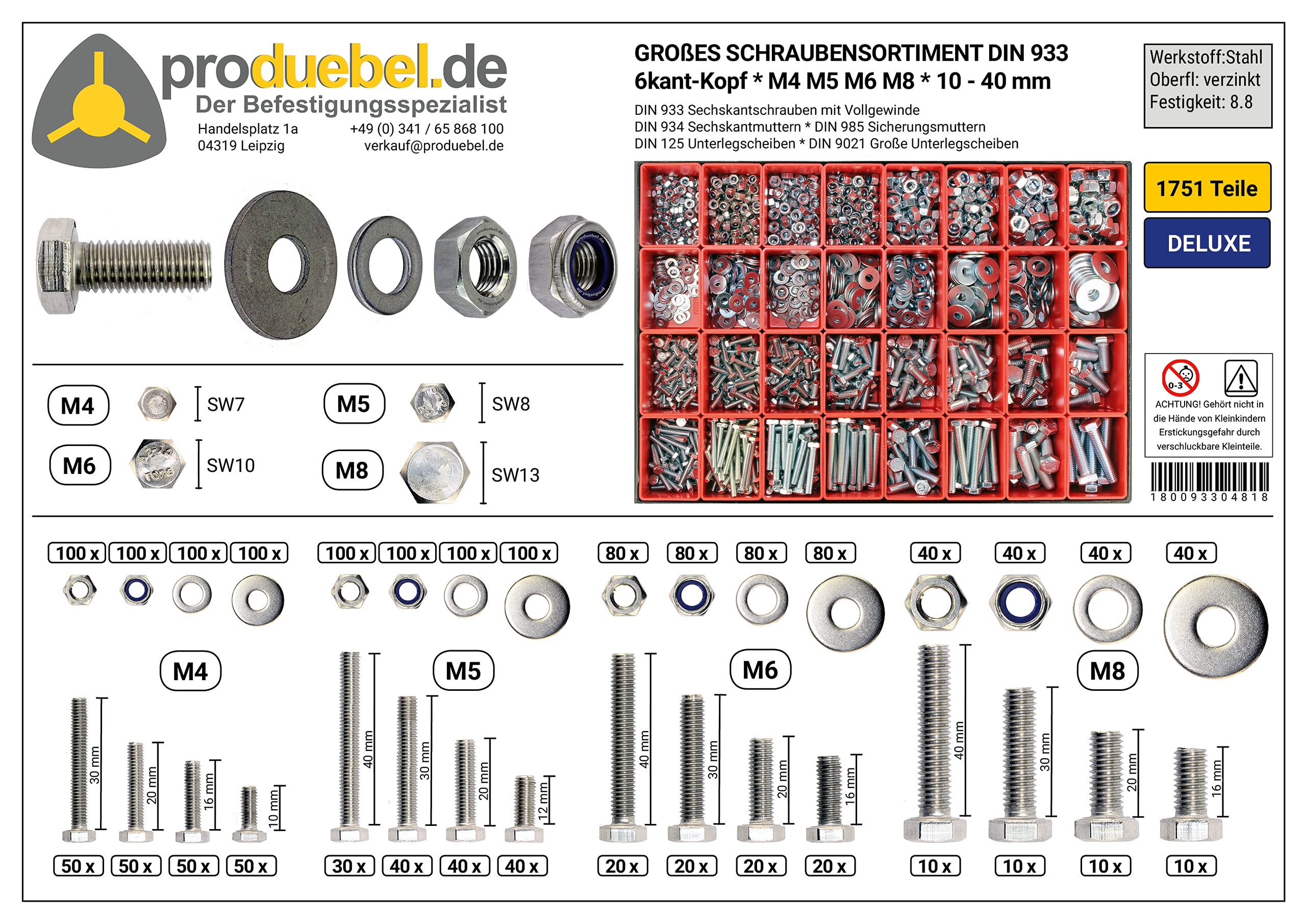 Sparset Großes Schrauben-Sortiment DIN 933 M4/M5/M6/M8 & M10/M12 Stahl verzinkt 2001-tlg. (Deluxe-Boxen)