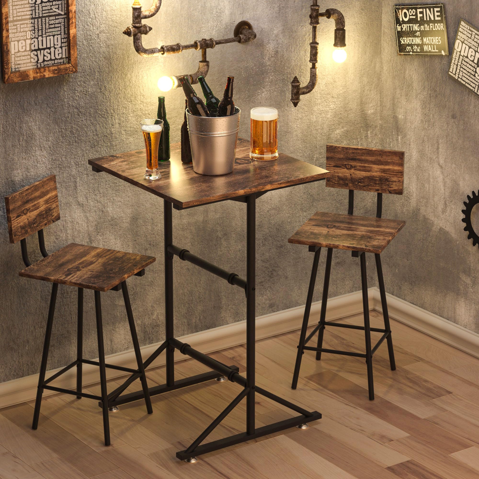 VECELO 3-Piece Bar Table Chairs, Square Counter Height Bistro Dinette Sets with 2 Barstools for Kitchen, Breakfast Nook, Small Spaces, Brown