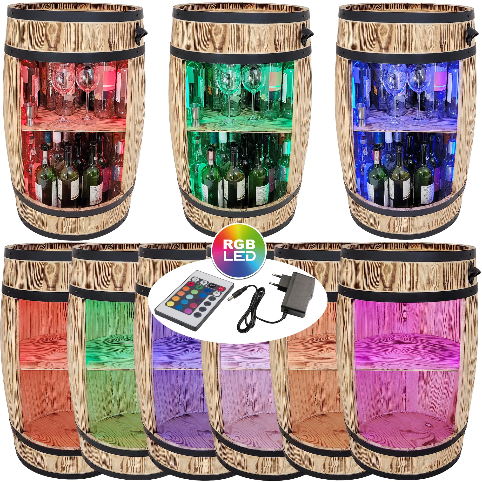 Weeco Armadietto per Vino a LED RGB - Scaffale in Legno - Bar Elegante - Supporto per Bottiglie - Mobile Barile in Legno - 80 x 50 cm