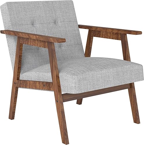 Sillón moderno de mediados de siglo, sillón tapizado de tela con marco de madera de goma maciza para sala de estar, cómodo sofá en color gris