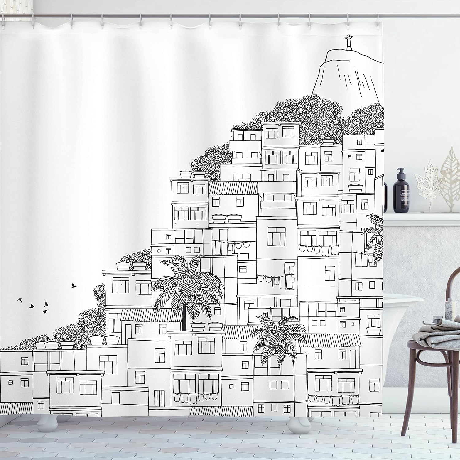 Ambesonne Rio de Janeiro Shower Curtain, Brazil Apartments Palm Trees Before de Redeemer Sketch Art, Cloth Fabric Bathroom Decor Set with Hooks, 69" W x 70" L, Charcoal Grey and White